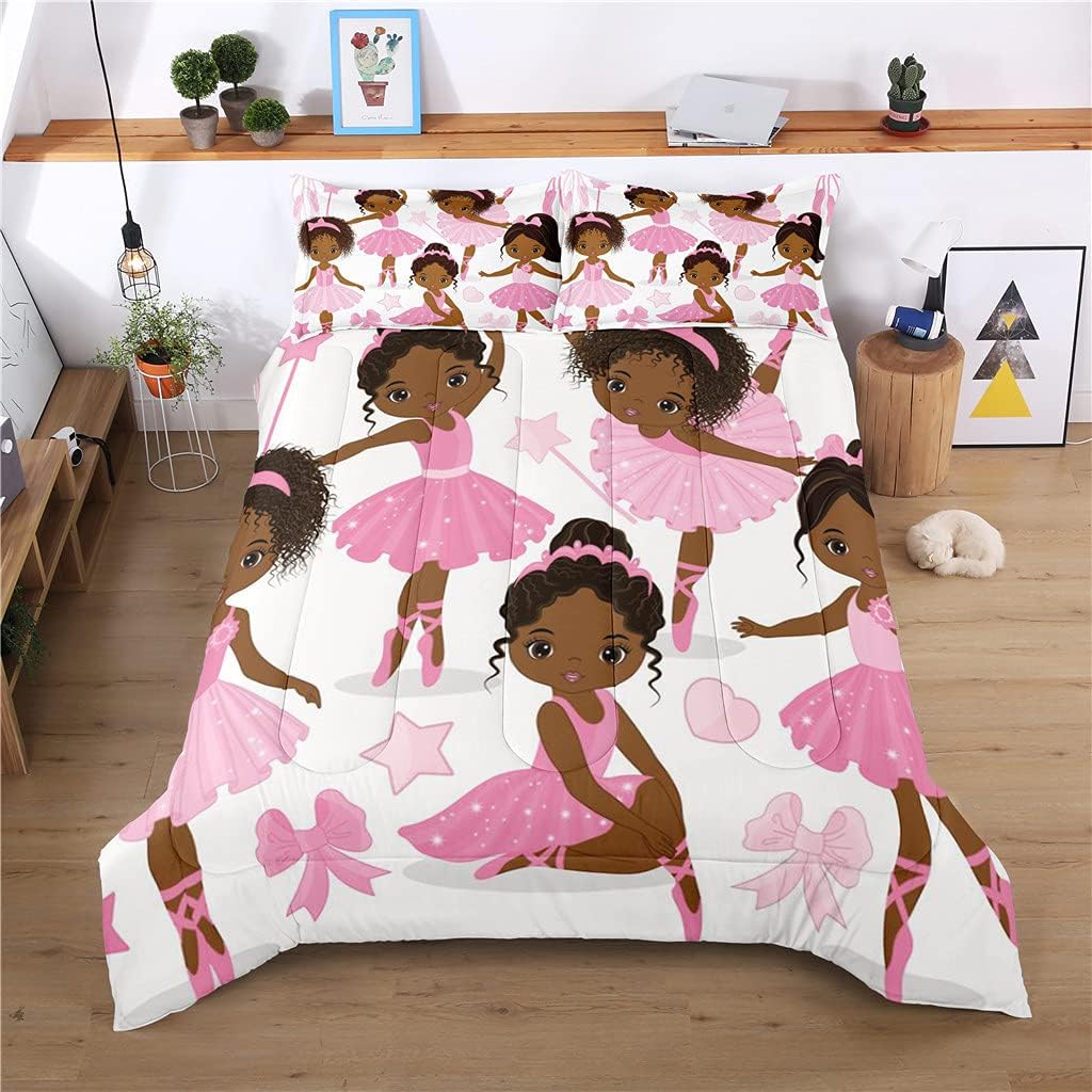 Twin Bedding Sets for Girls, African American Magic Comforter Set with Ballet Dancer, Pink Bed Set for Toddler Kids Teens, Little Girls Bedroom Decor - Image 4