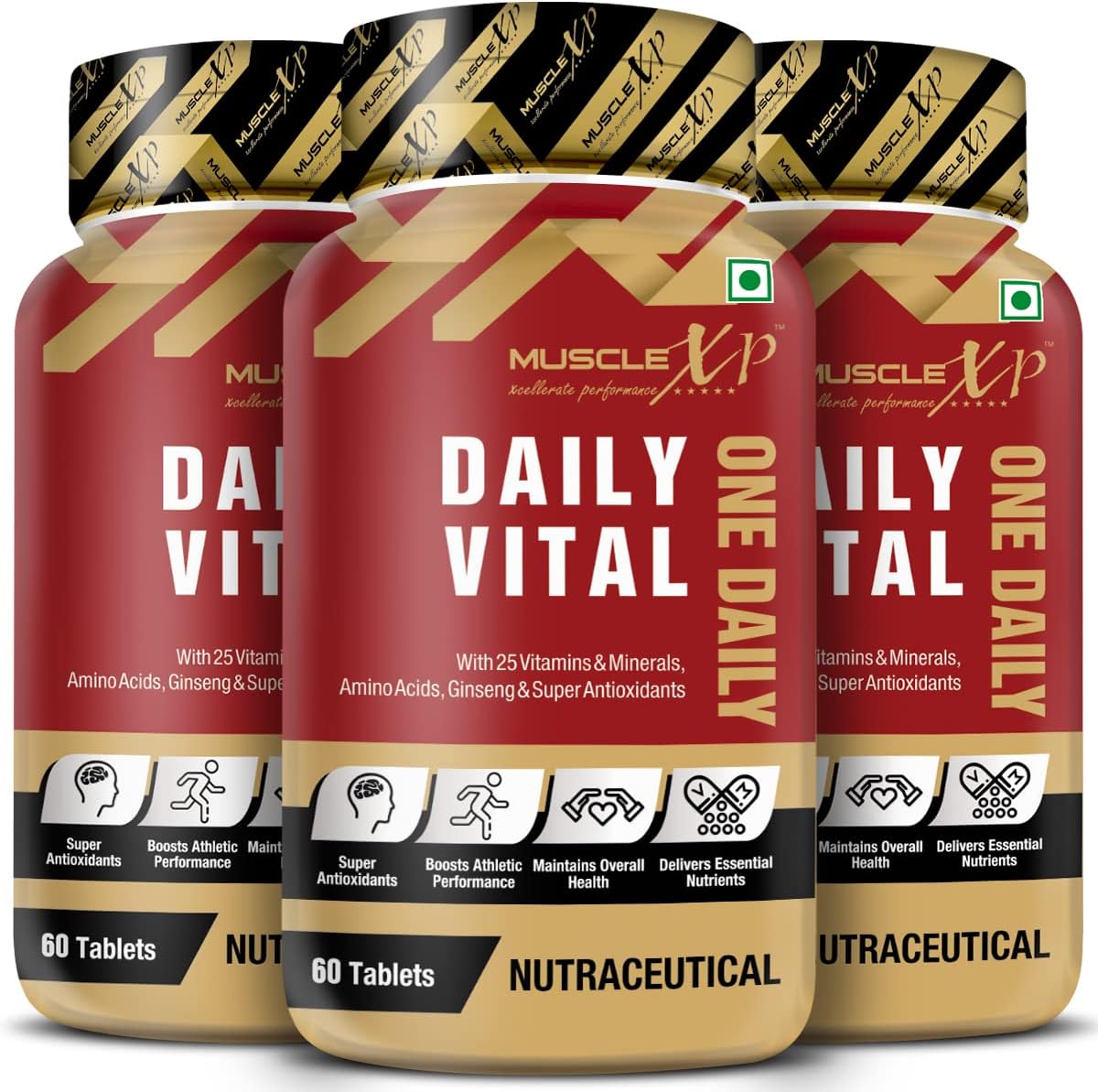 MuscleXP Daily Vital Multivitamin With 25 Vitamins & Minerals, 5 Super Antioxidants & Ginseng, 60 Tablets Pack of 3