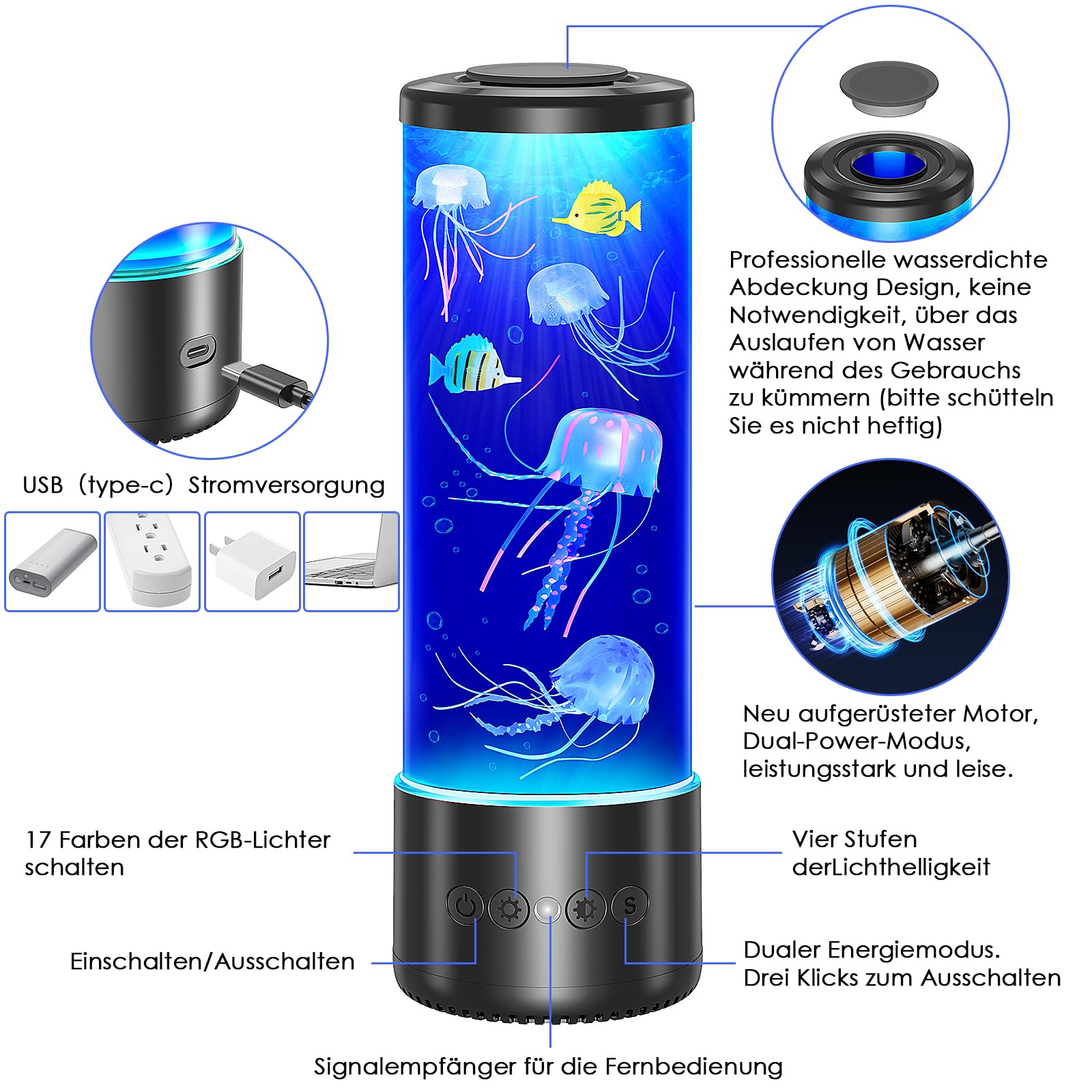 Radikor Quallen lampe mit 17 Farben und Fernbedienung, Jellyfish Lamp mit 4 Lichtmodi, LED Quallen Aquarium Lampe für Kinder Erwachsene, Quallen Lavalampe Stimmungslicht für Entspannung Wohndekoration