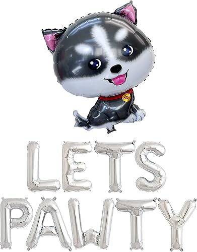 Miniatura 1 de Suministros de fiesta de cumpleaños para perros, fiesta de cumpleaños de perro Husky de Alaska, pancarta de globos de Lets Pawty, decoraciones de