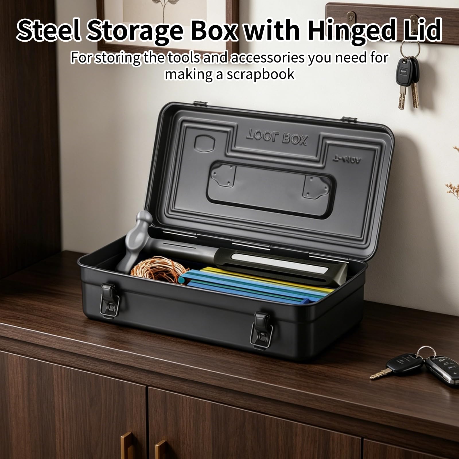 Caja de almacenamiento de acero con tapa con bisagras, caja de herramientas rectangular grande de metal con asa, hebillas dobles seguras, organizador de metal para sellos de álbumes de recortes