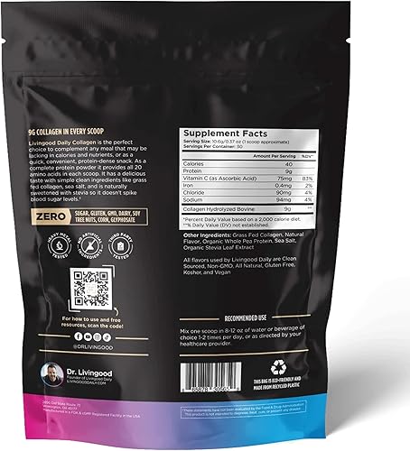 Miniatura 7 de Livingood Daily Polvo de colágeno de vainilla para mujeres y hombres, péptidos de colágeno hidrolizados en polvo con vitamina C, proteína con 20