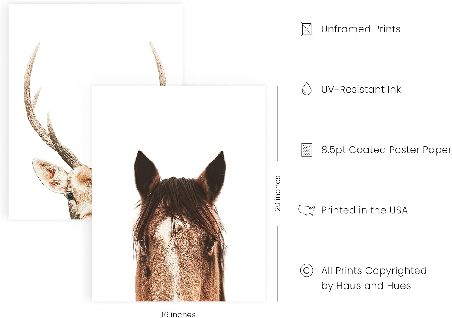 HAUS AND HUES Set of 4 Rustic Farm Animal Pictures - Horse Deer Cow and Pig Pictures Wall Decor, Farmhouse Pictures for the Home Modern Farmhouse Decor for the Kitchen (Unframed 16x20)
