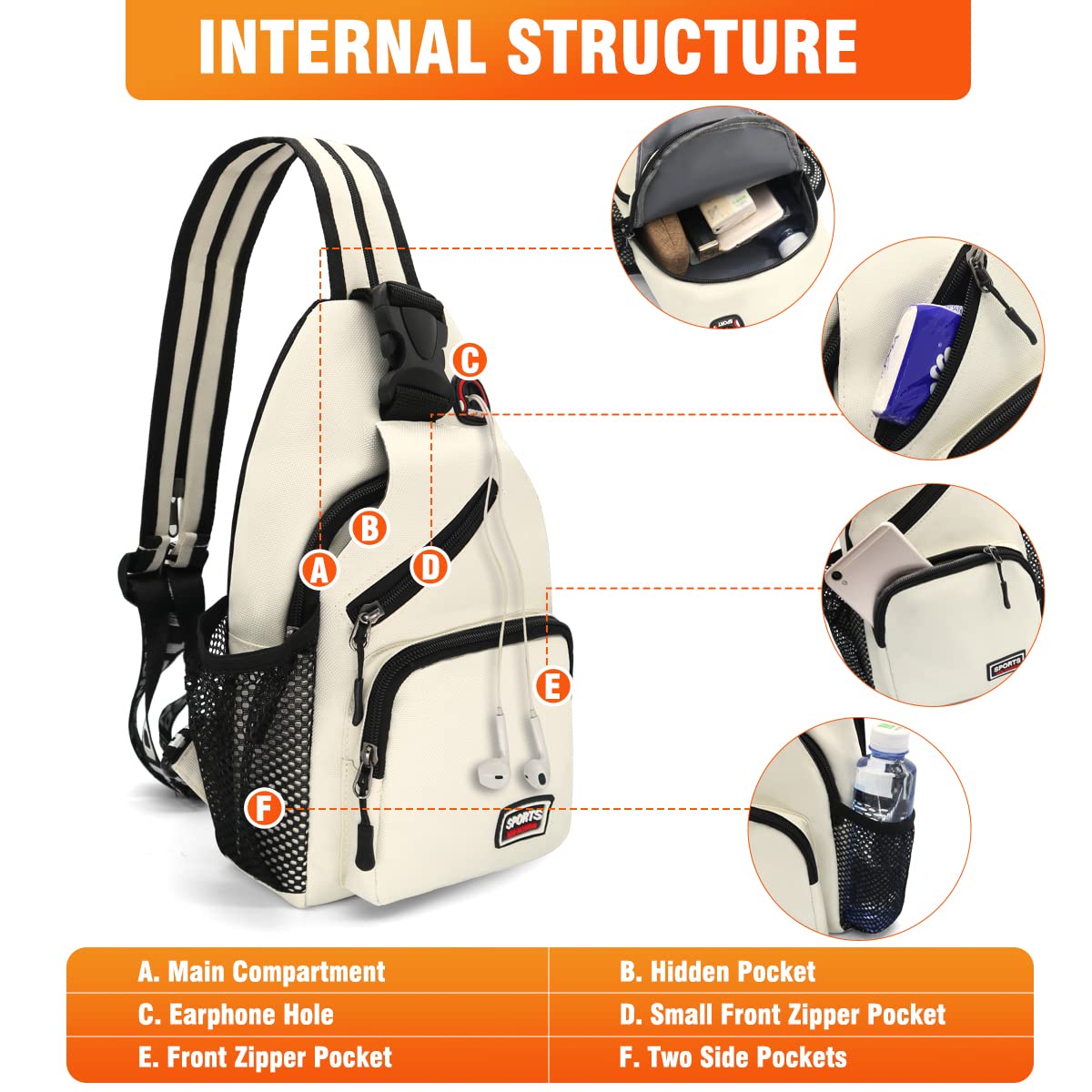 HNOOM Zaino Monospalla Donna Piccolo Sling Bag con Foro per Auricolare Marsupio Donna Tracolla in Tessuto Oxford per Scuola Outdoor Ciclismo Viaggio Hiking Multitasche Piccolo Zaino (Bianco)