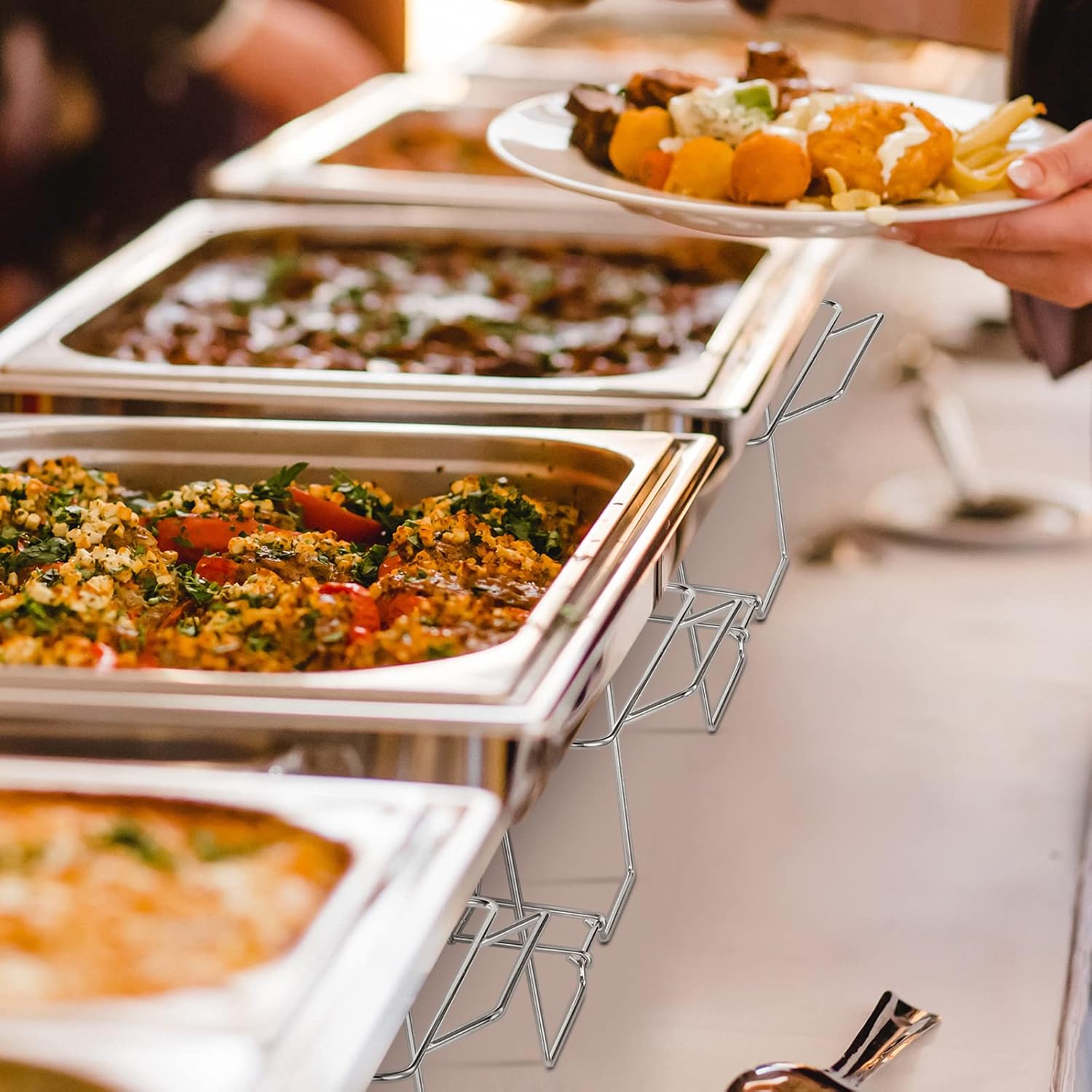 Geosar 32 Pack Wire Buffet Rack Stand Folding Chafing Stand Chrome Frame Serving Trays Food Warmer with Plastic Tongs Forks and Spoons for Christmas Thanksgiving Home Party Catering Supplies(Silver)