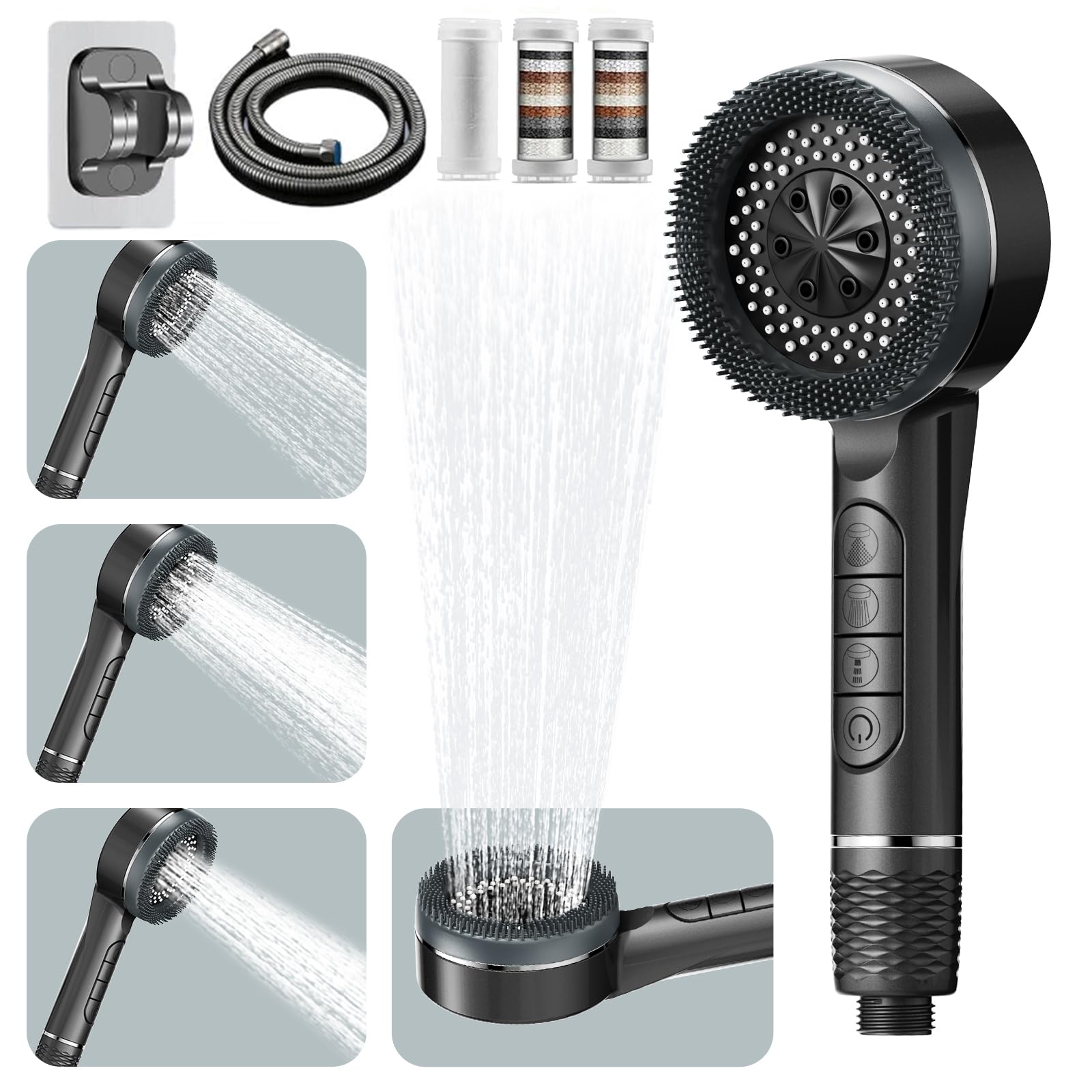 High Pressure Shower Head, Hard Water Filter Shower Head with 1.5m Shower Hose and Shower Stand, 3Filter Cartridges, 4 Mode Handheld Massage Power Shower Head Remove Chlorine(Grey)