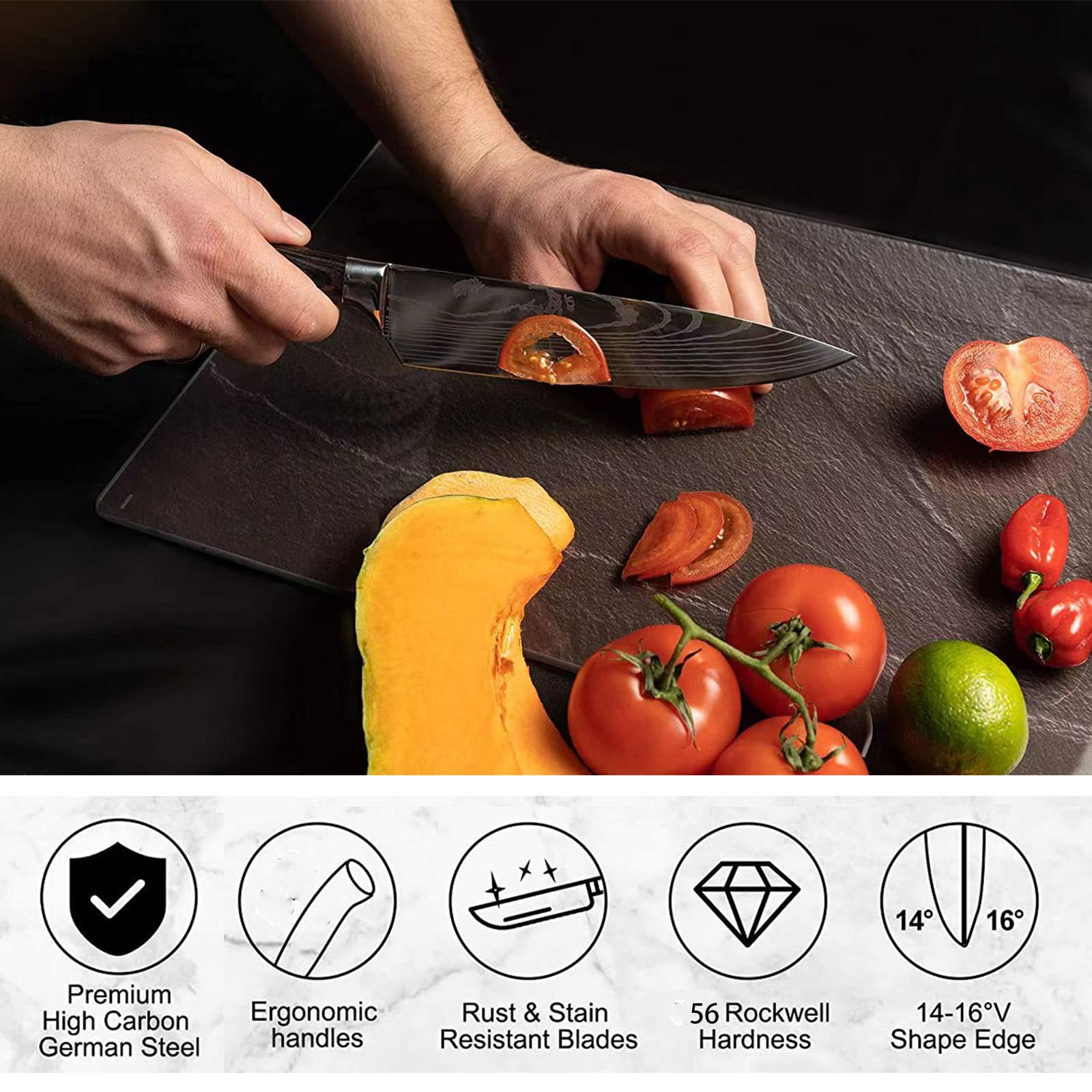 Gustrug Set Coltelli Da Cucina 8 Pezzi – Professionali In Acciaio Inossidabile Al Carbonio, Manico Comodo, Per Casa E Ristorante