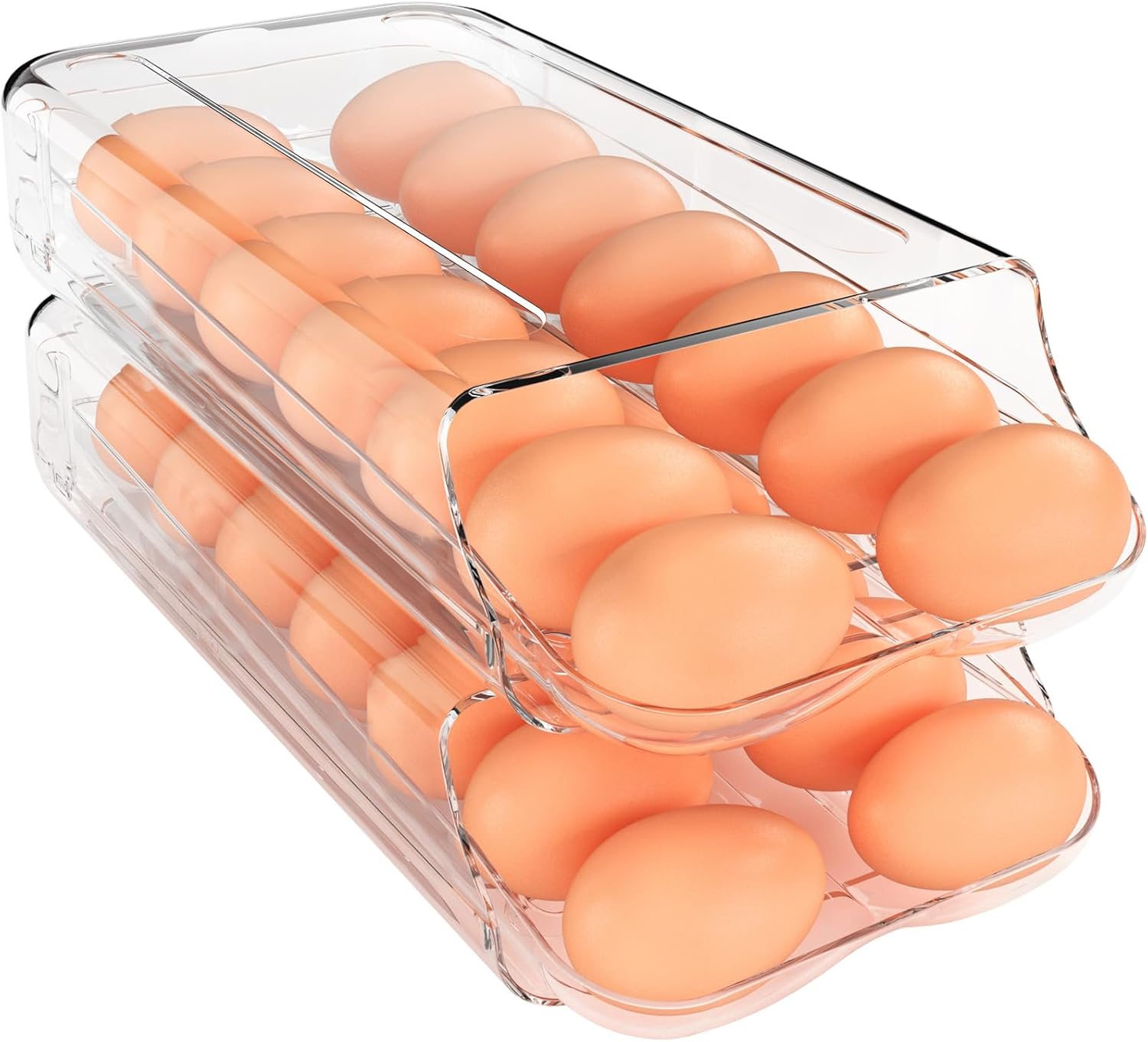 theaoo Egg Holder for Fridge, Automatic Rolling Egg Container for Refrigerator, Clear Plastic Egg Dispenser, Stackable Eggs Organizer with Quick Removable Inner Tray for Organizers and Storage, 2 Pa