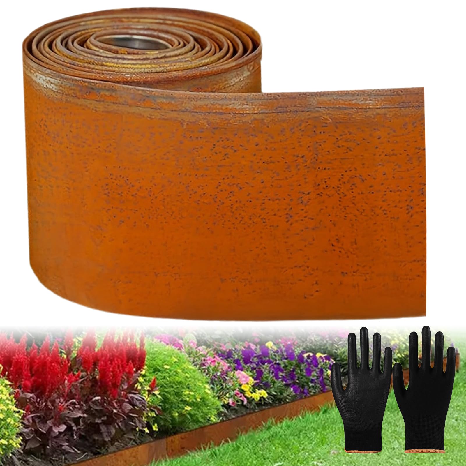 10 m x 15,5 cm de Alto, Borde de césped de Metal, Borde de césped de Acero corten, Aspecto Oxidado, Borde de arriate para Bricolaje, Borde de césped con 1 par de Guantes, Borde de césped galvanizado