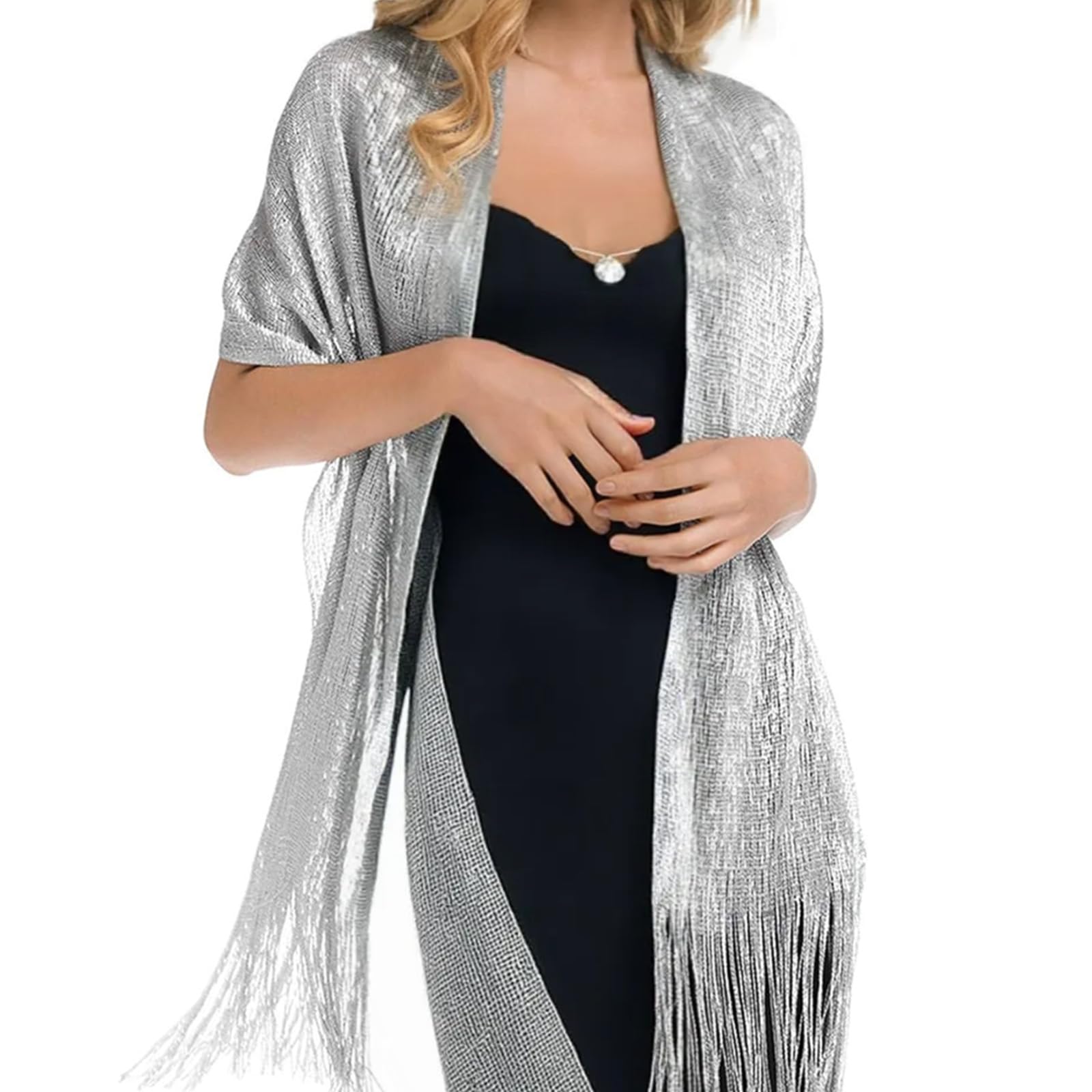 Scialli e involucri da donna per abiti da sera con glitter, scialli con frange, mantello da sposa per sposa e damigella d'onore, argento