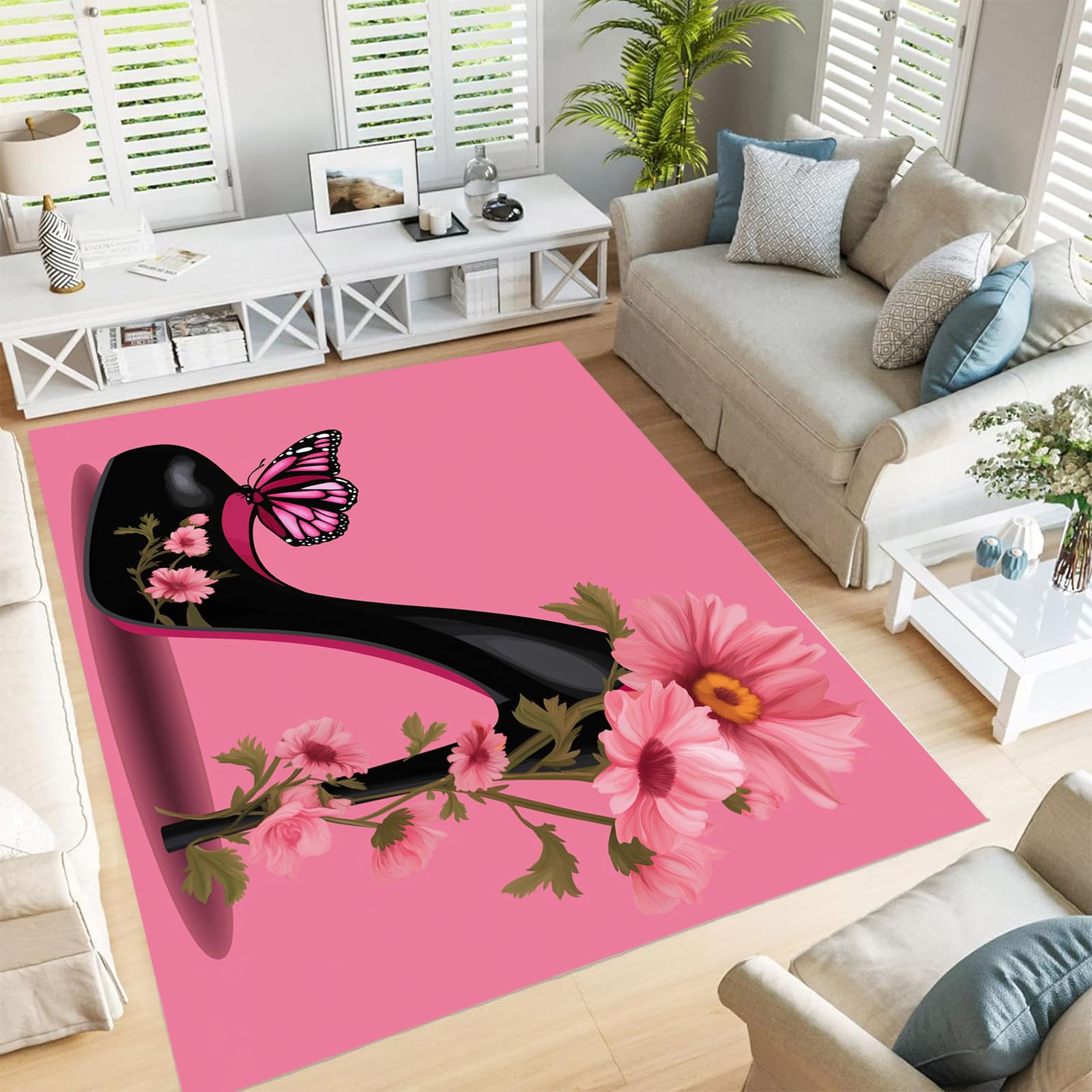 Tapis poil ras de sol rose grand format antidérapant salon