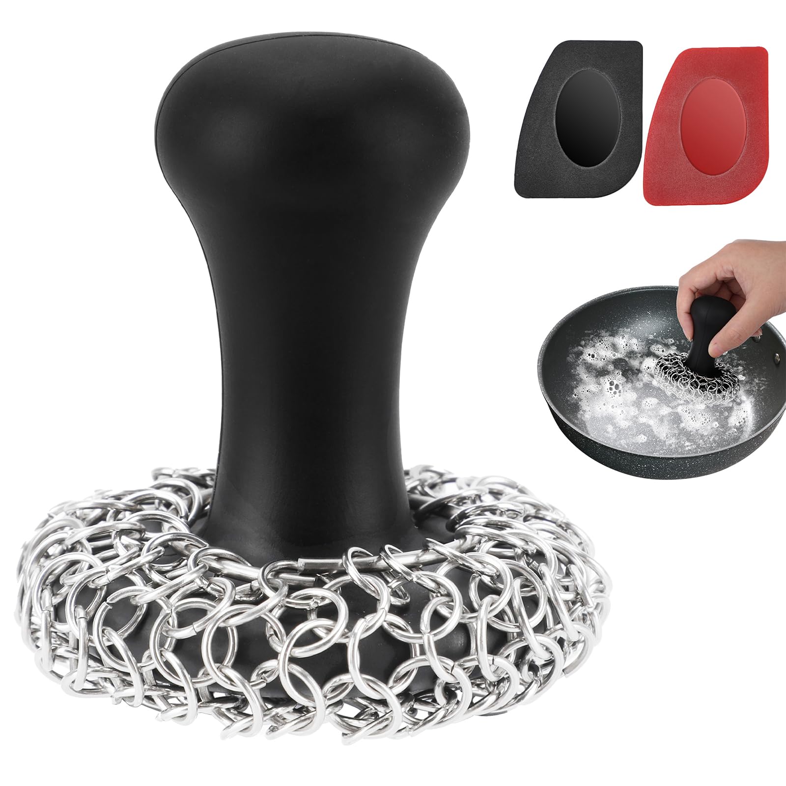 TOPULORS Cast Iron Scrubber & Scraper Kit, 316 Stainless Steel Cast Iron Skillet Cleaner Chainmail Scrubber for Cast Iron Pans Dish Scrub Brush Chain Link Scouring Pad for More Pot Cookware Cleaning