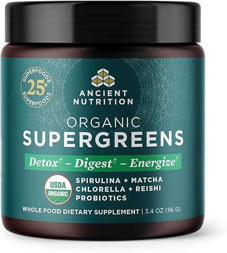 Ancient Nutrition Polvo orgánico SuperGreens con probióticos, verduras orgánicas con sabor a verduras, hecho de frutas reales, verduras y hierbas,