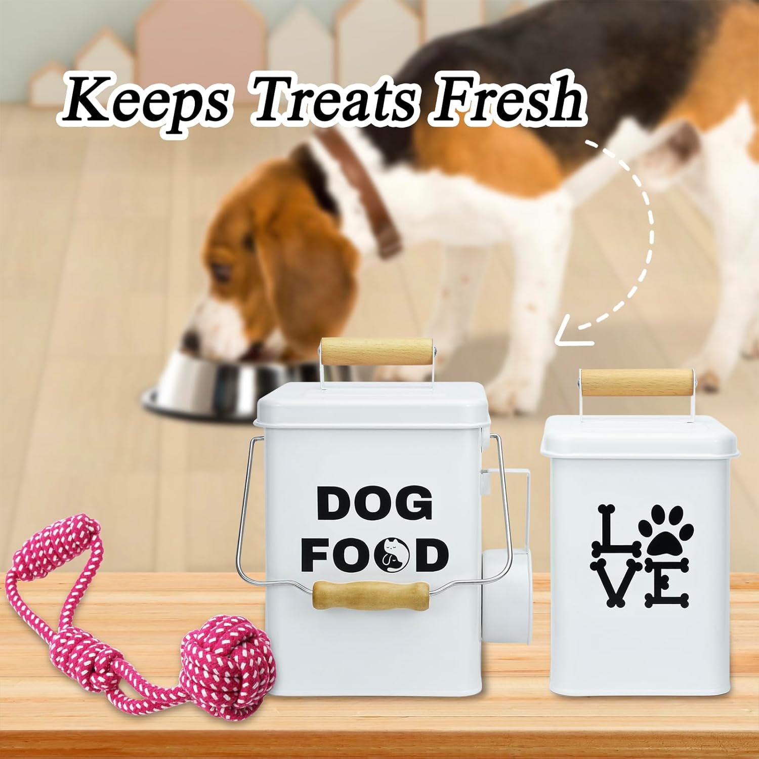 Dog Food Storage Container Set of 2 Dog Treat Container with Airtight Lids Dog Treat Jar with Scoop Metal Dog Food Holder with Wooden Handles for Kitchen Counter and Pantry Home Decor - Beige