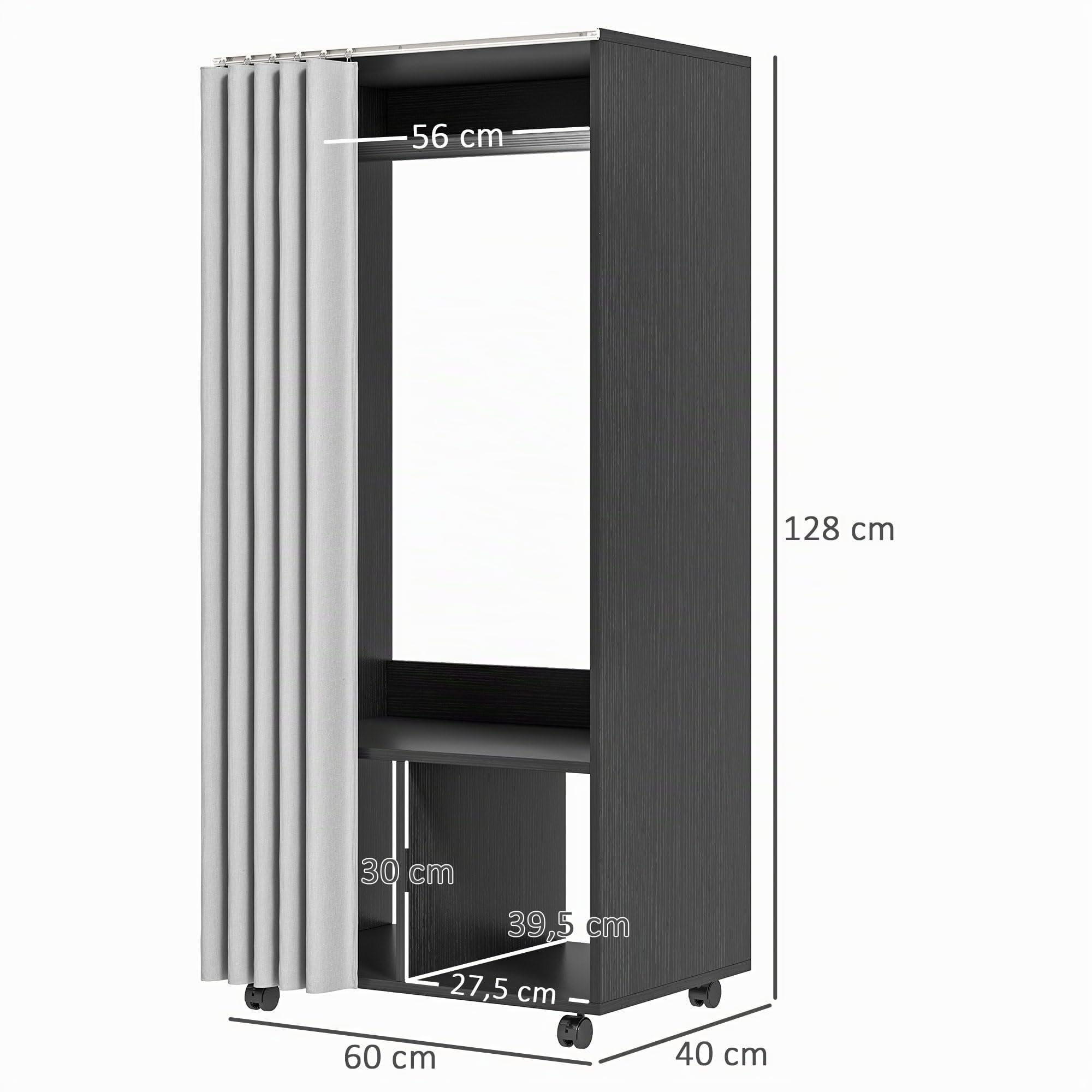 HOMCOM Armadietto guardaroba mobile con tenda armadio a 4 ruote con asta di sospensione e mensole, guardaroba per camera da letto, 60 x 40 x 128 cm, nero