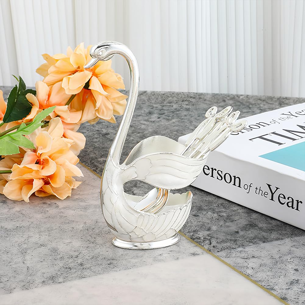 Set Cucchiaini Da Caffè Con Supporto A Forma Di Cigno – 6 Pezzi, 12,2 Cm, In Lega Di Zinco, Colore Argento, Per Bar E Casa - 3