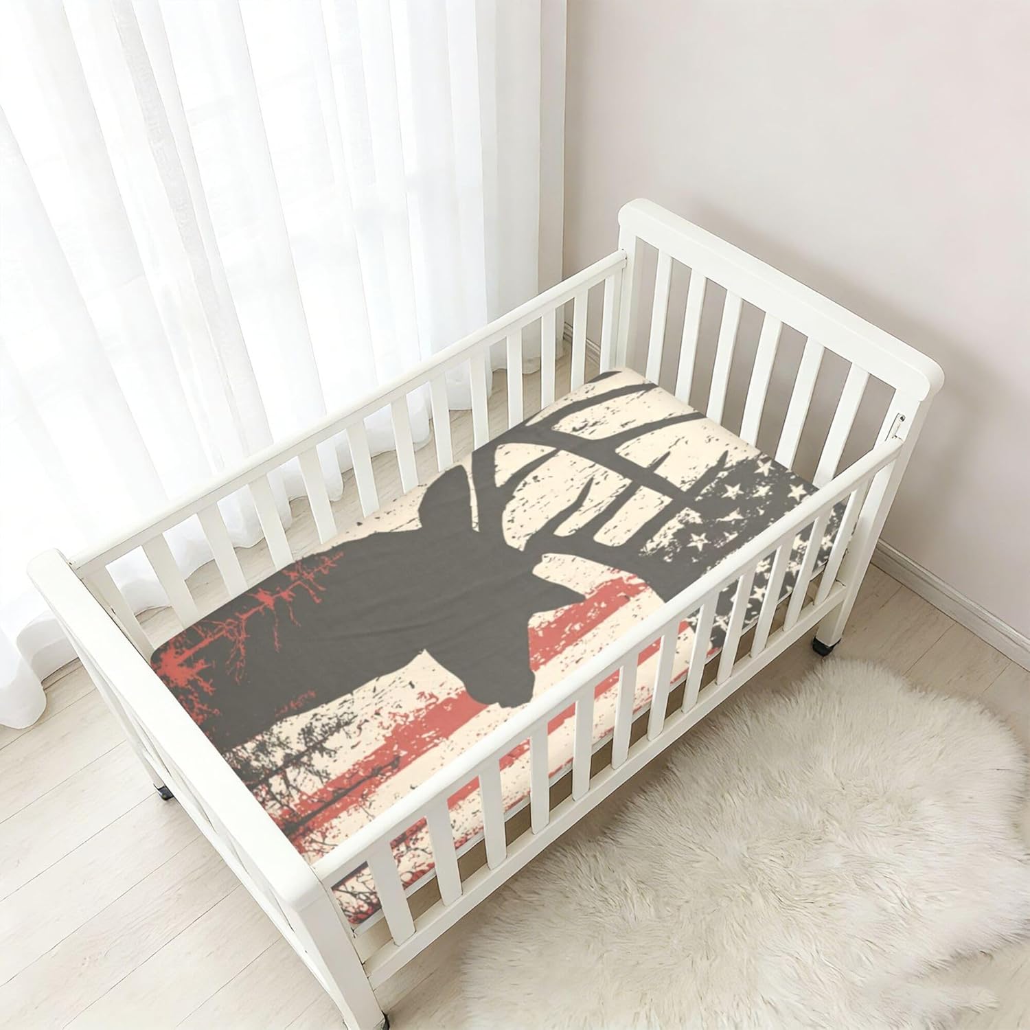 Deer American Flag Crib Sheets Soft Breathable Fitted Cotton Baby Crib Sheets Mattress Cover for Girl Boy, 52" x 28" x 9"