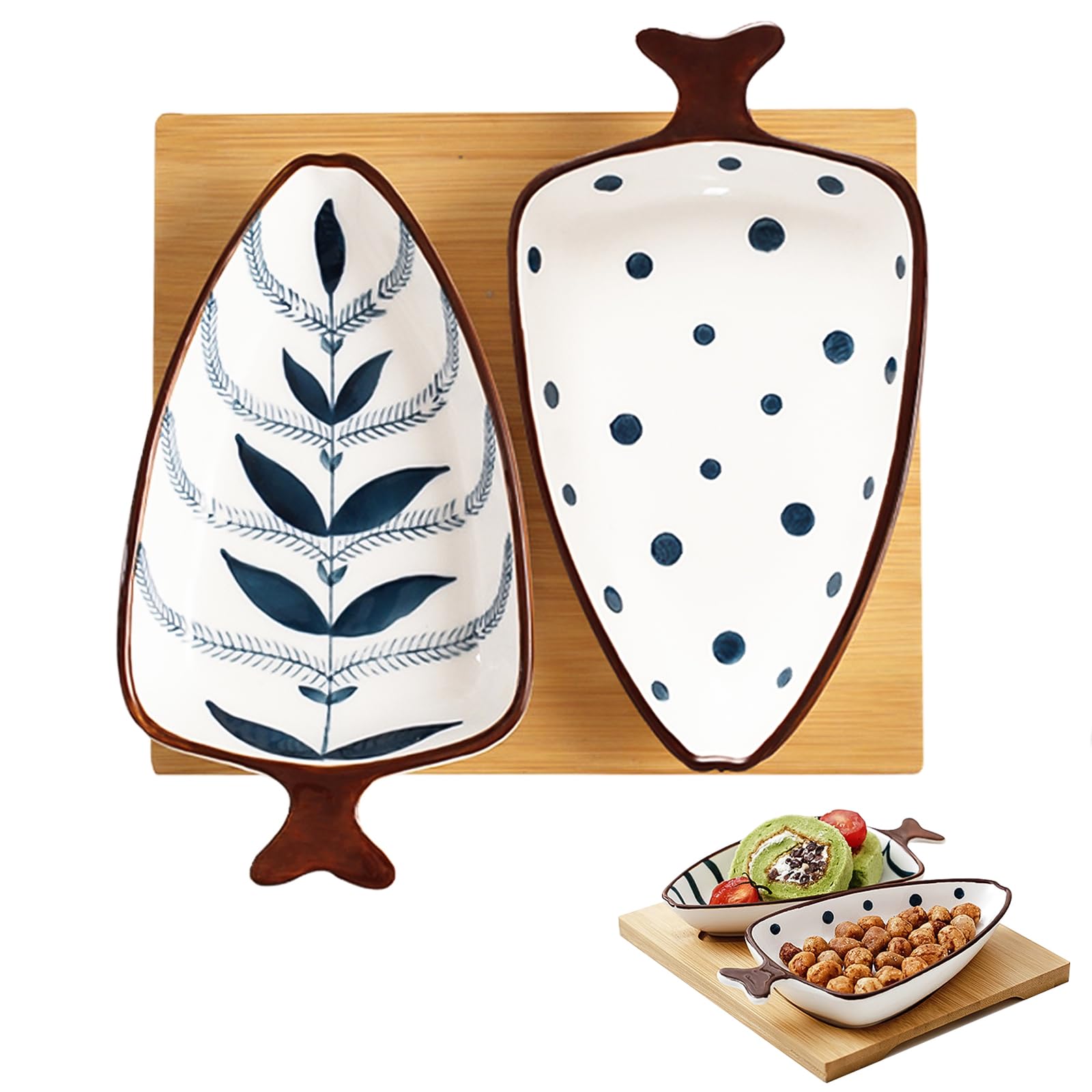 DXQCHDUO Ceramic Dip Bowls Set for Dessert - Set of 2 Ceramic Pinch Bowl with Bamboo Tray,Retro Hand Painted Appetizer Dips Bowls,Small Snack Bowls for Tapas, Nuts,Crisps, Sushi (Dots)