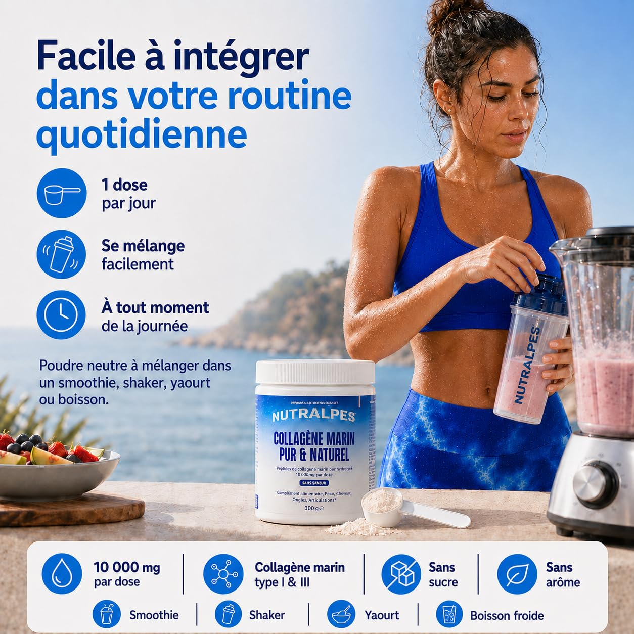 Collagène Marin Poudre 10 000 mg | Beauté & Récupération | Peptides Hydrolysés Type I & III | Sans Saveur Sans Sucre | 300 g Cure 30 Jours | Fabriqué en France