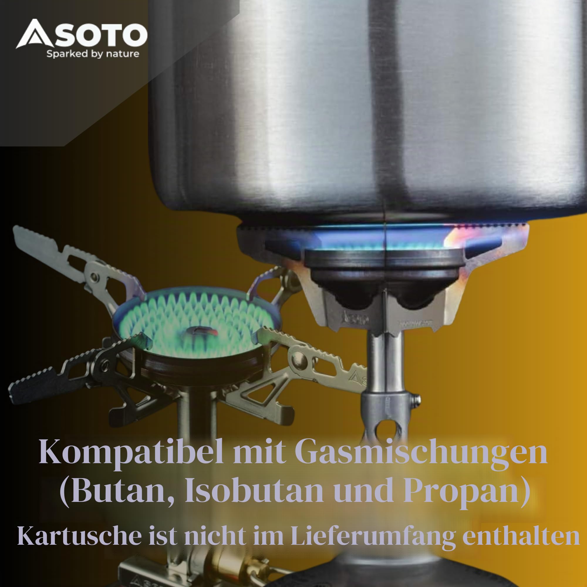 SOTO WindMaster Gaskocher mit Windschutz, ultraleicht 87 g, 3260 W | Erhöhter Rand am Brennerkopf schützt vor Wind; Micro Regulator für Kälte; leise; Piezo-Zündung; inkl. 4Flex; für Camping