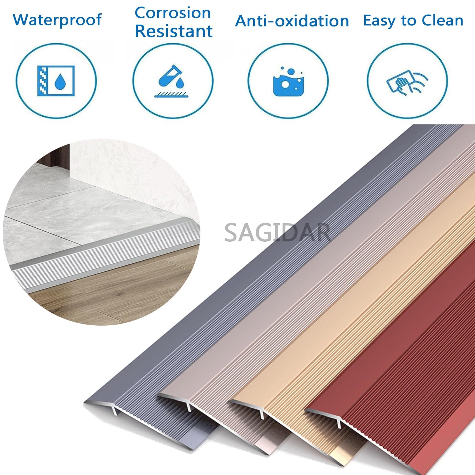 SAGIDAR Barre De Seuil Aluminium, Bande Transition pour Sol Irrégulier, Rampe D'entrée, Imperméable Et Antirouille, Baguette Recouvrement pour Porte D'entrée/Balcon, Longue Durée D'utilisation