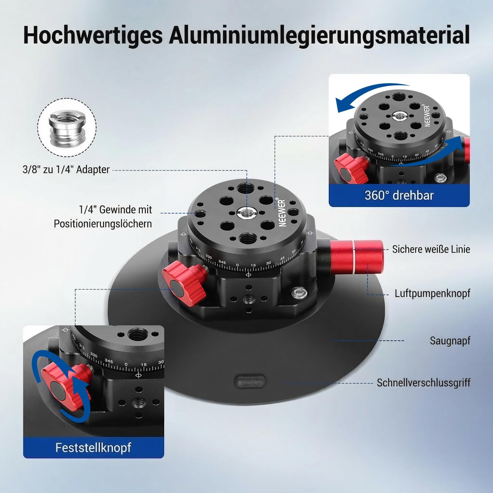 NEEWER 6"/15,2cm Kamera Saugnapf Halterung mit Kugelkopf Magic Arm, Metall Saugnapfhalterung an der Auto Windschutzscheibe für Action Kamera/Handy Halter, mit 1/4“ & 3/8" Befestigungslöchern für ARRI