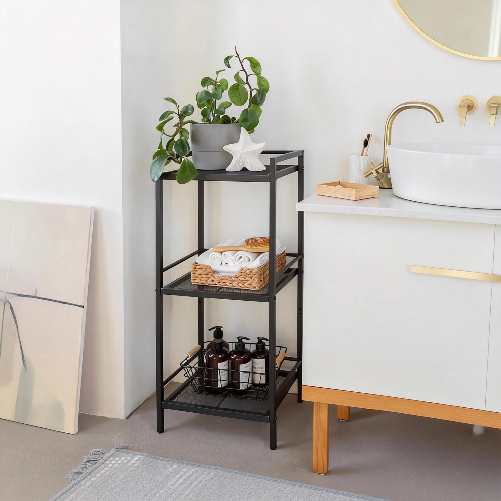GarveeMore Metal Ladder Shelf, 3 Tier Freestanding Storage Rack-Black