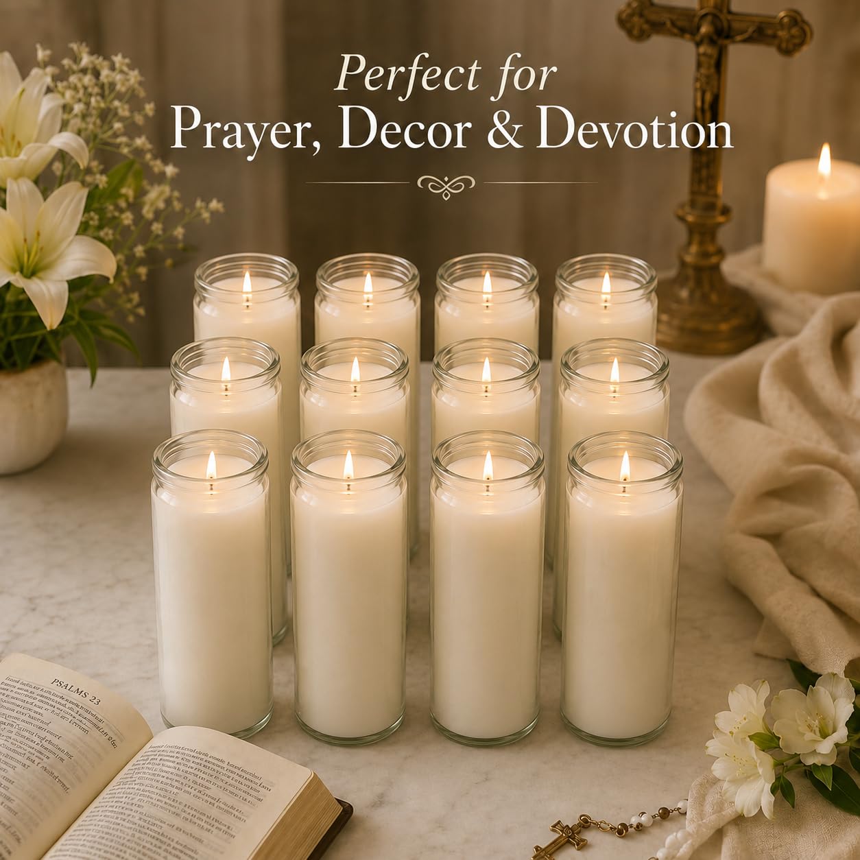 Generic White 8' Prayer Glass Candles - 12 Pack White Prayer Candle for Vigils, — product photo