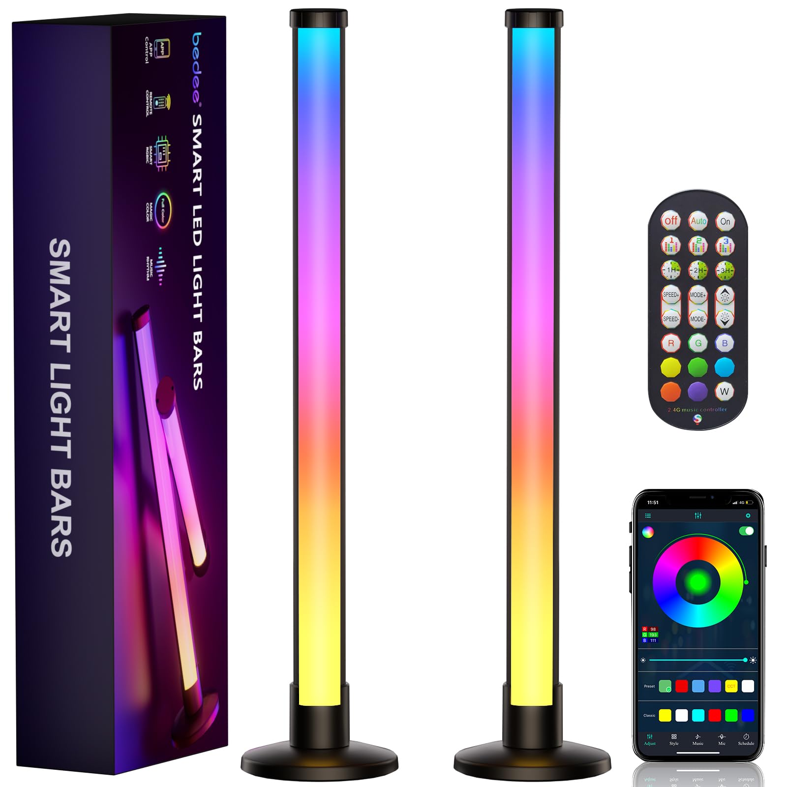 bedee Luces LED, Barras de Luz LED RGB Lampara Inteligente con Múltiples Efectos de Iluminación y Modos de Música, Lampara Gaming, Light Bar para Gmaing, PC, TV, Decoración de Habitaciones