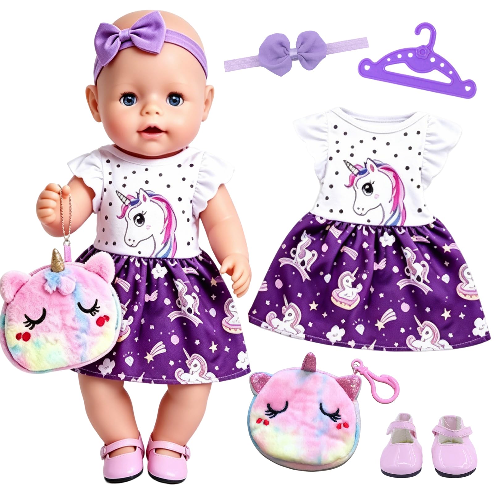 Doll Clothes Set for 35-45cm Dolls, Purple Dress Outfit with Shoes & Bag