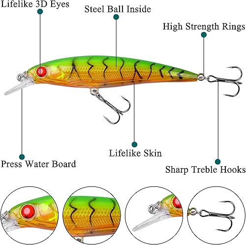 Miniatura 9 de Crankbait Minnow Fishing Lures,10pcs Topwater Lure with Treble Hooks Hard Baits Swimbaits 3D Fishing Eyes Life-Like Bass Crank Bait for Trout Bass