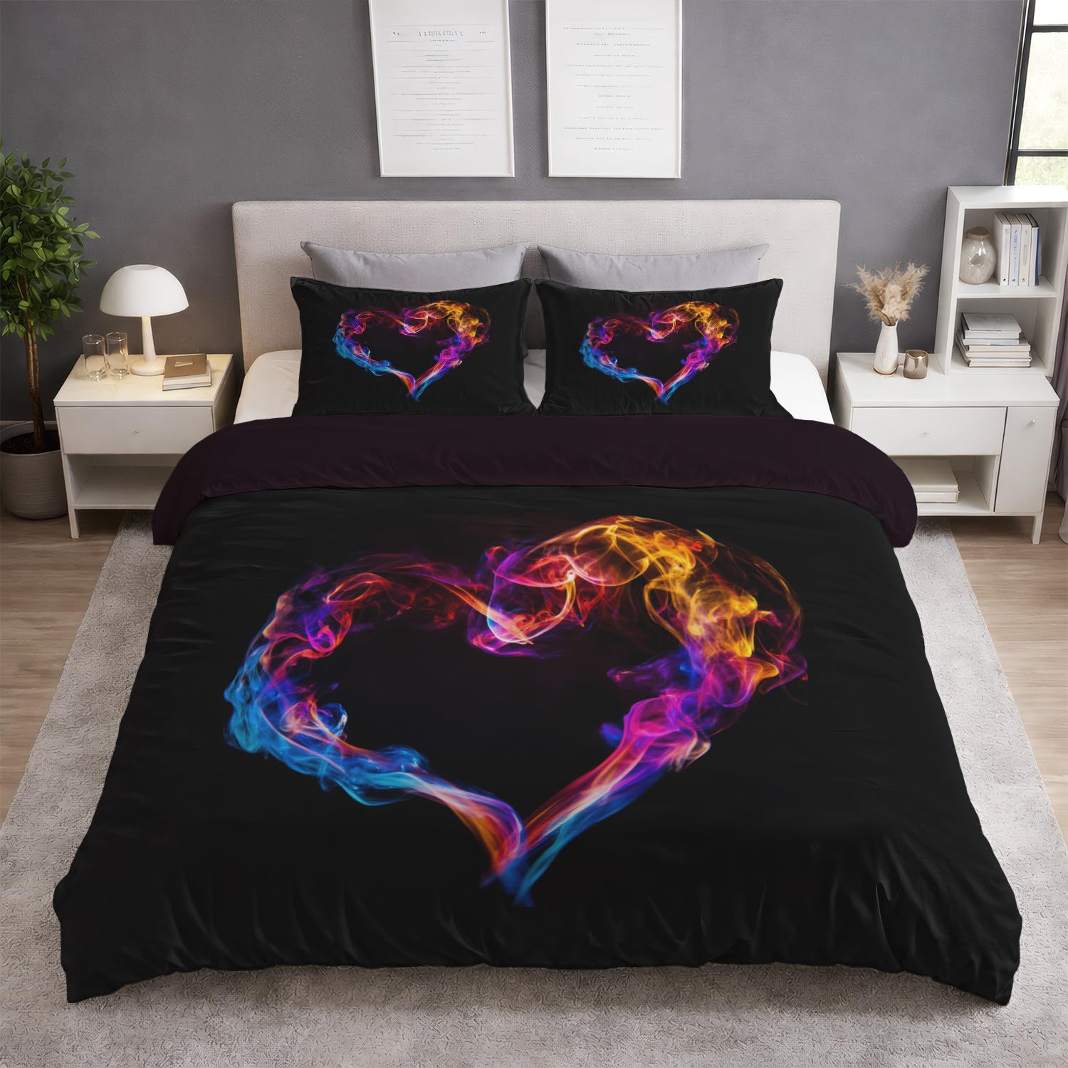 Generisch Fantasy pościel 180 x 200 cm – serce płomień dym, romantyczna, psychodeliczna pościel – oddychająca i przyjazna dla skóry – tęczowa poszewka na kołdrę z 2 poszewkami na poduszkę 80 x 80 cm