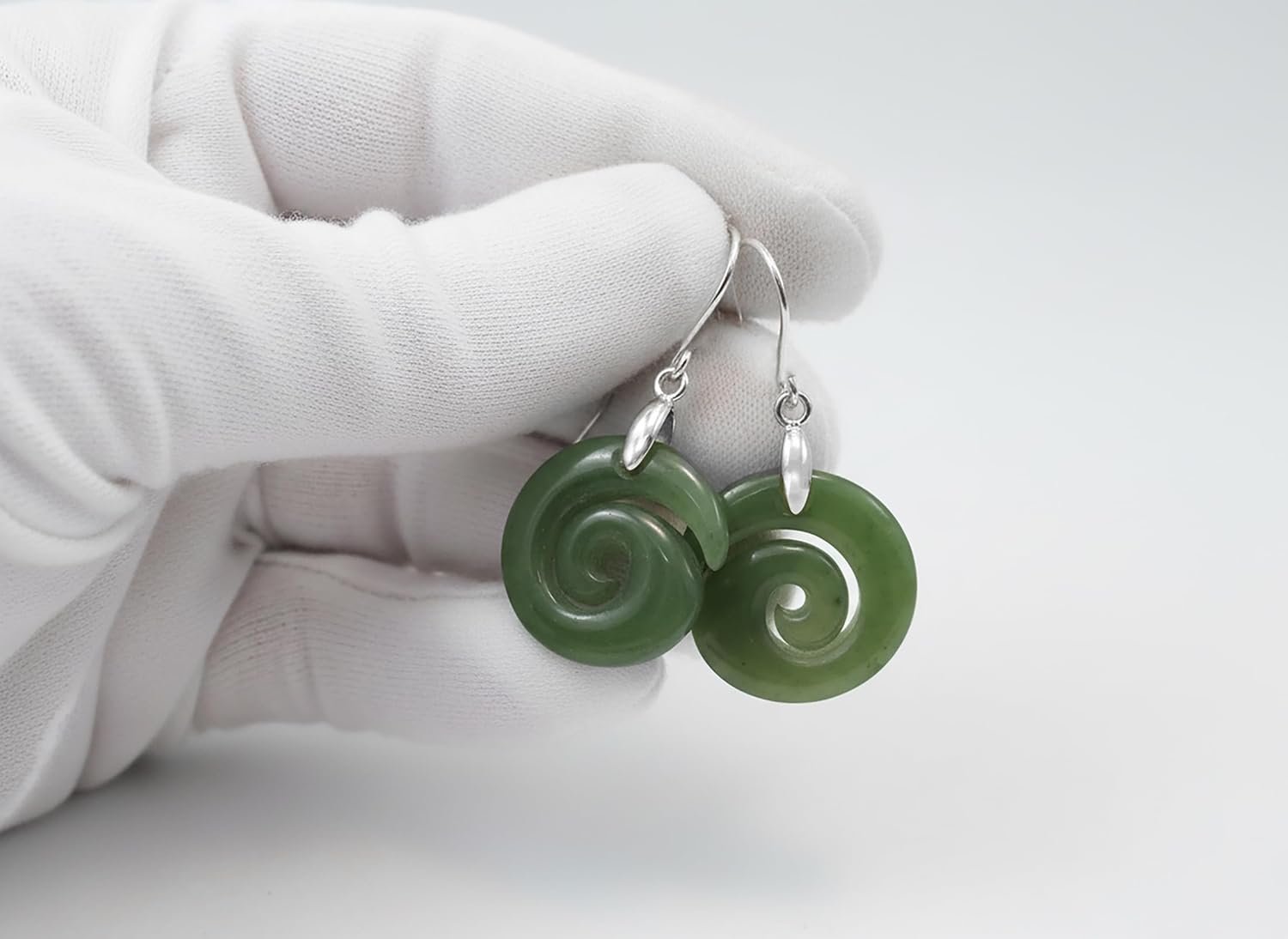Nephrite Jade Earrings Dark Green Koru Carved Spiral 14k Gold or Sterling Silver Silvertone or Goldtone Accents