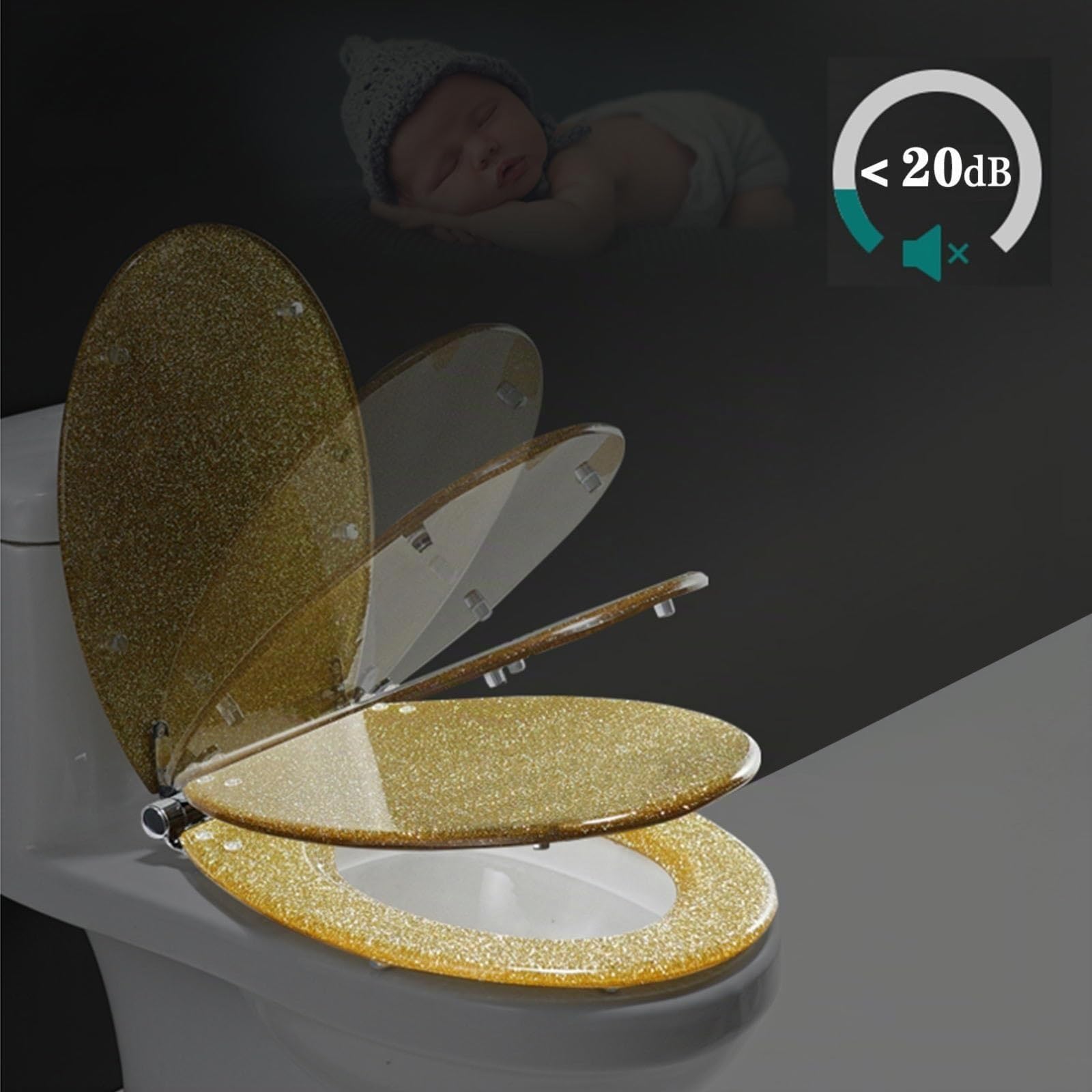 WC-Sitz Heavy Duty Glitzer-Toilettensitz Soft Close mit Schnellverschluss, Einfache Befestigung Oben/unten, Klobrille Harzmaterial(Gold)