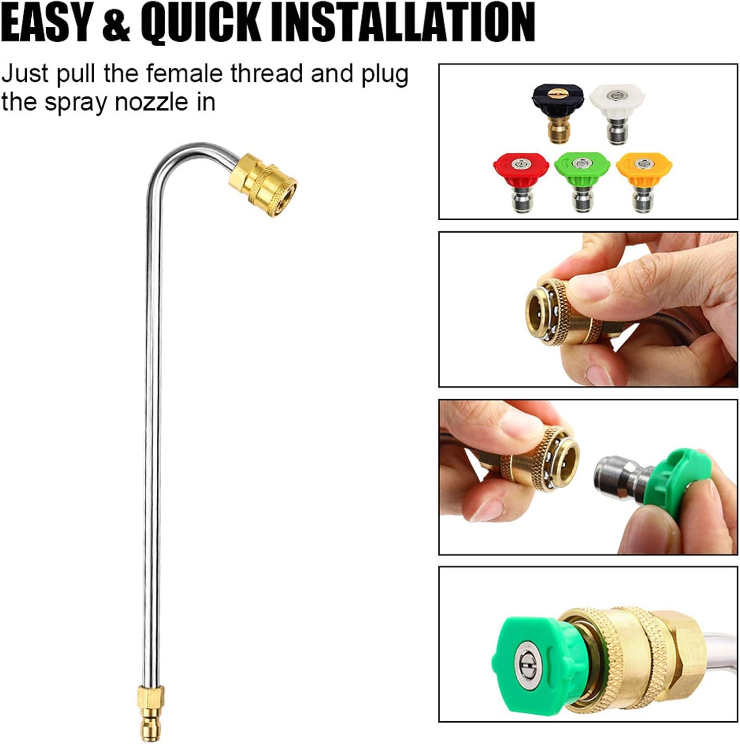 High Pressure Washer Washer Soap Nozzle Tips Gutter Cleaner Attachment Stainless Steel Pressure Washer Gutter Rod for Lance/Wand 1/4 Inch Quick Connect with 5 Pressure Washer Spray Nozzle Tips