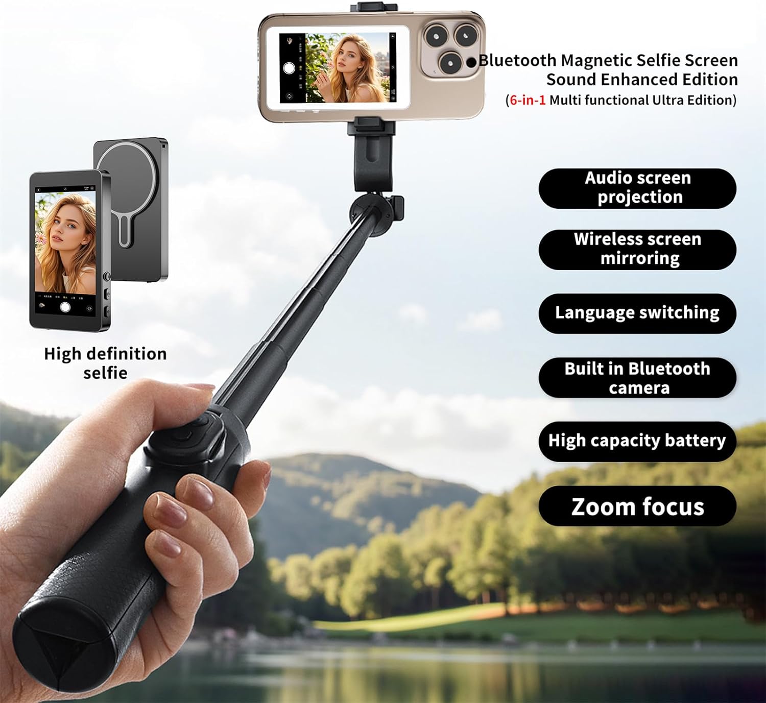 2025 Selfie Monitor Screen with Sound for iPhone & Android - Magnetic Phone Vlog Monitor, Back Camera Monitor with Zoom Focus for Live Streaming, YouTube & TikTok Videos - White