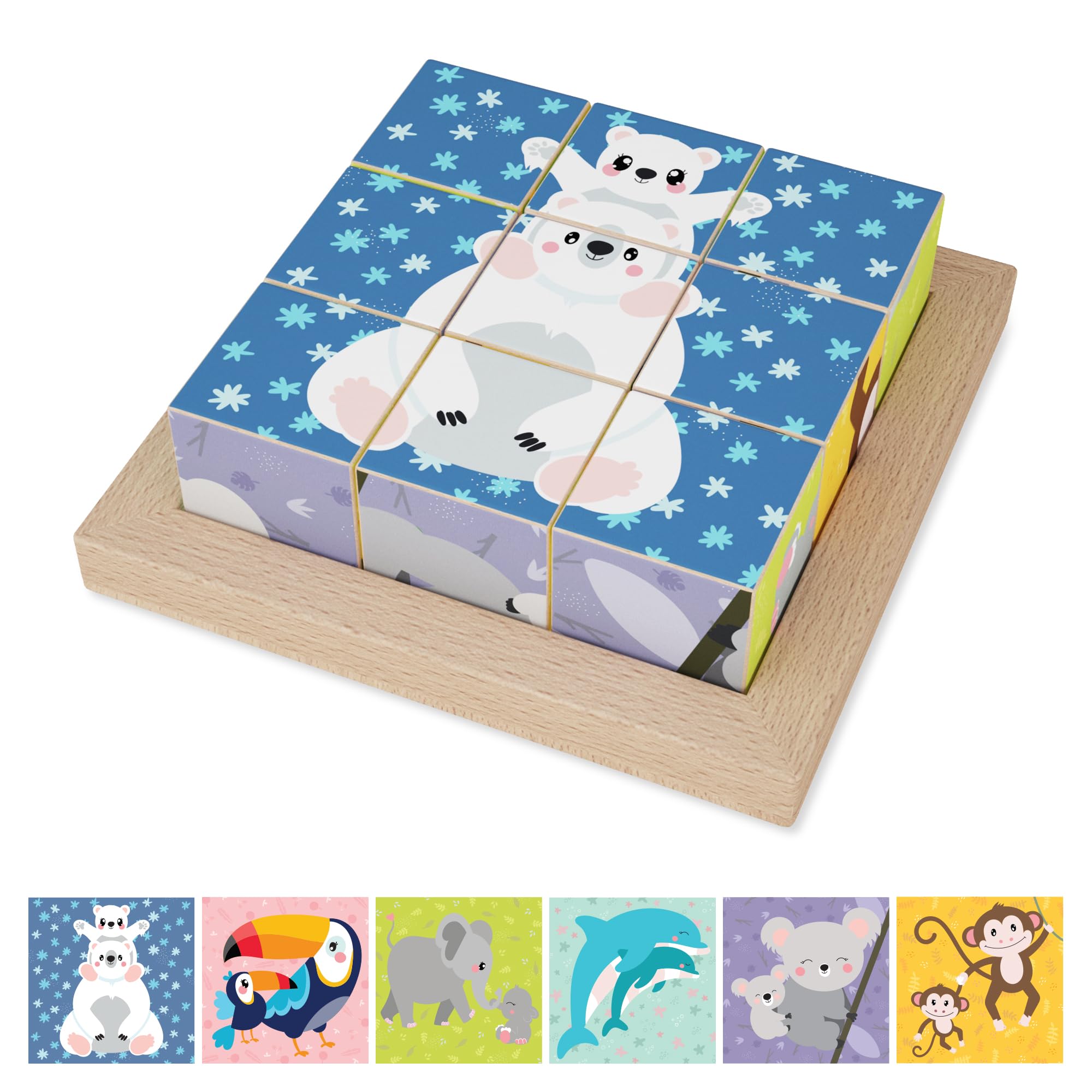 Merle Toys 6in1 Animal Wooden Jigsaw for 2 Year Olds, 100% Beechwood, Block Puzzle for Ages 3+, Toddler Wooden Puzzles for 2+ Year Olds, 1.8in Large Cubes, Rounded Corners, 3D Puzzle Blocks for Kids