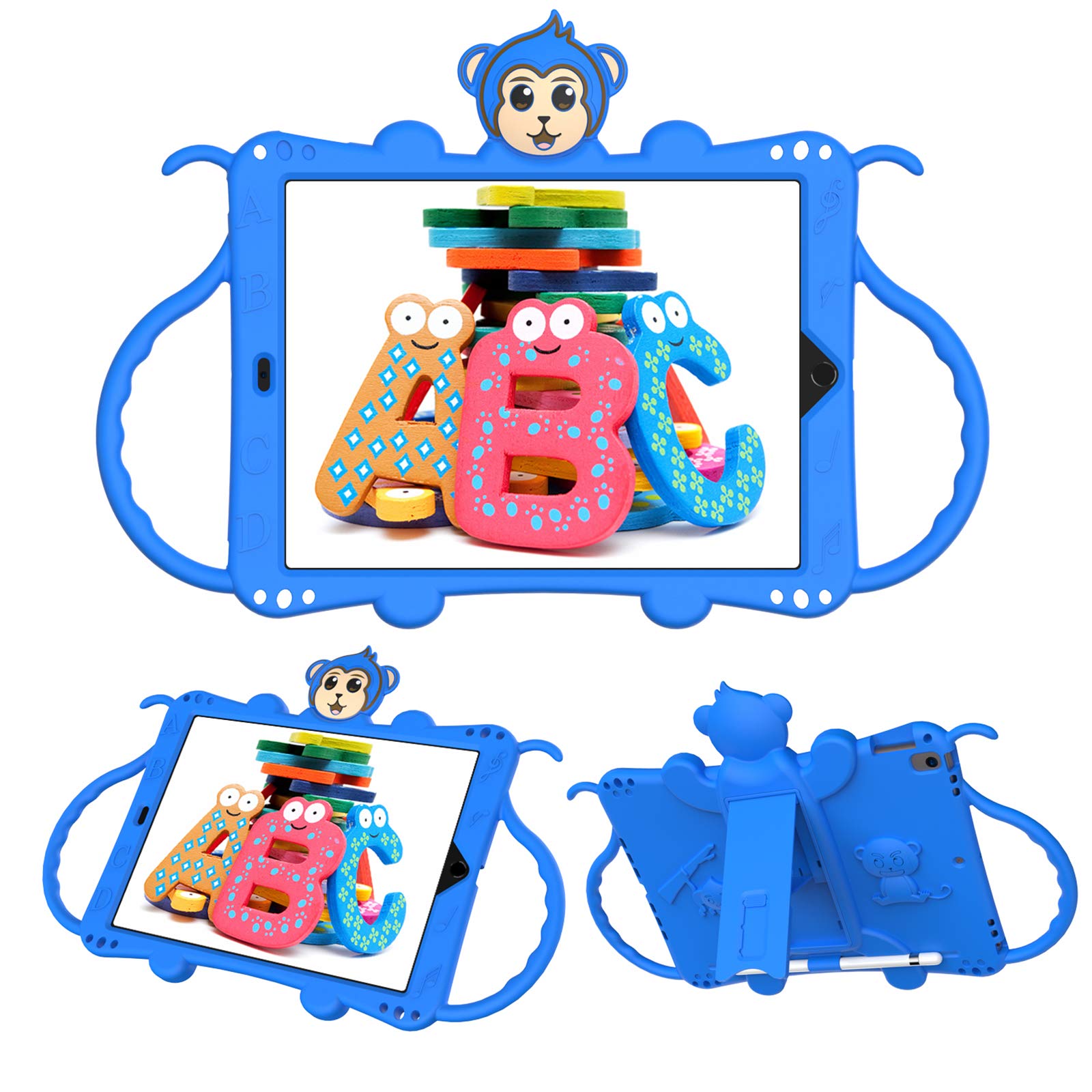 JCTekKids Case for iPad 7th / 8th Generation, Compatible with iPad 10.2 Inch 2019/2020, iPad Pro 10.5 INCH, Cute Cartoon Monkey Shockproof Handle Stand Shoulder Strap Kids Case (blue)