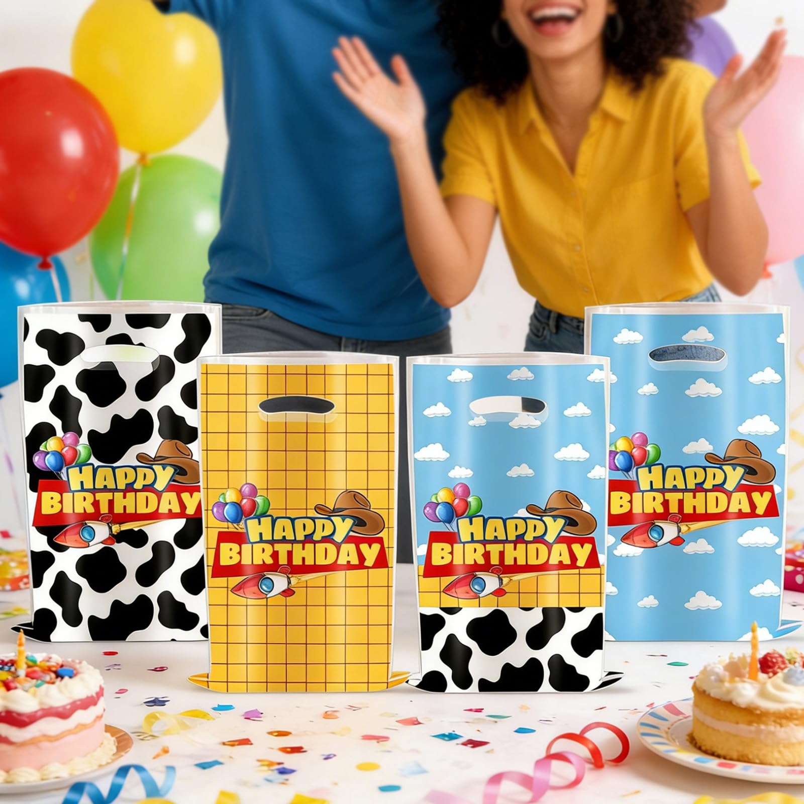 HJFZLY 30Pcs Cartoon Story Happy Birthday Party Favors Gift Bags lue Sky White Cloud and Cow Printing Candy Treat Plastic Bags for Cartoon Story Birthday Theme Party Decoration Supplies