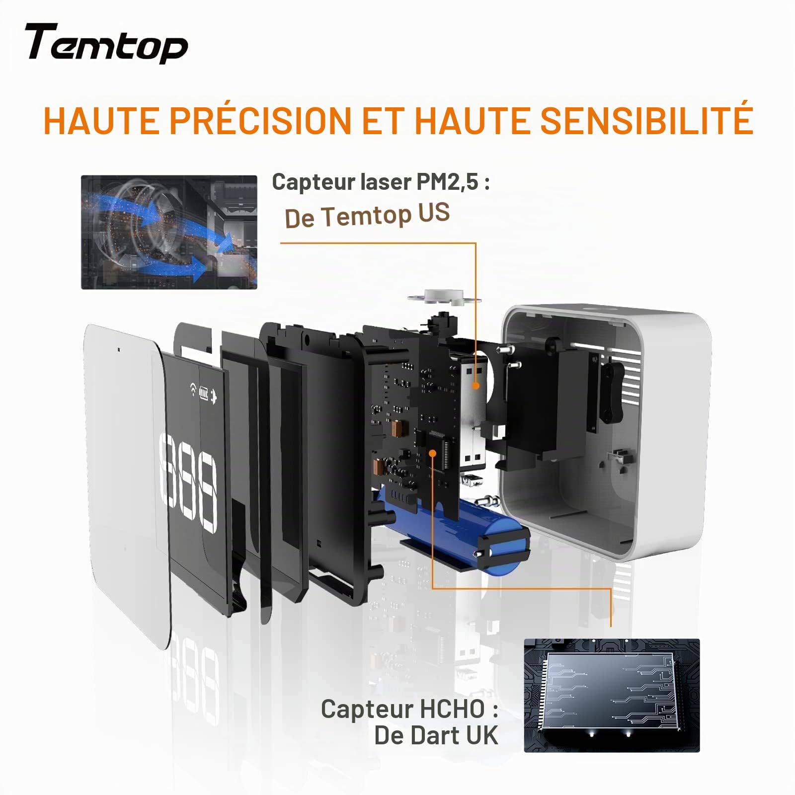 Temtop M10 Surveiller Détecteur de Qualité de l'air pour PM2.5/HCHO/TVOC/AQI, Portable Moniteur Intelligent, Batterie Rechargeable