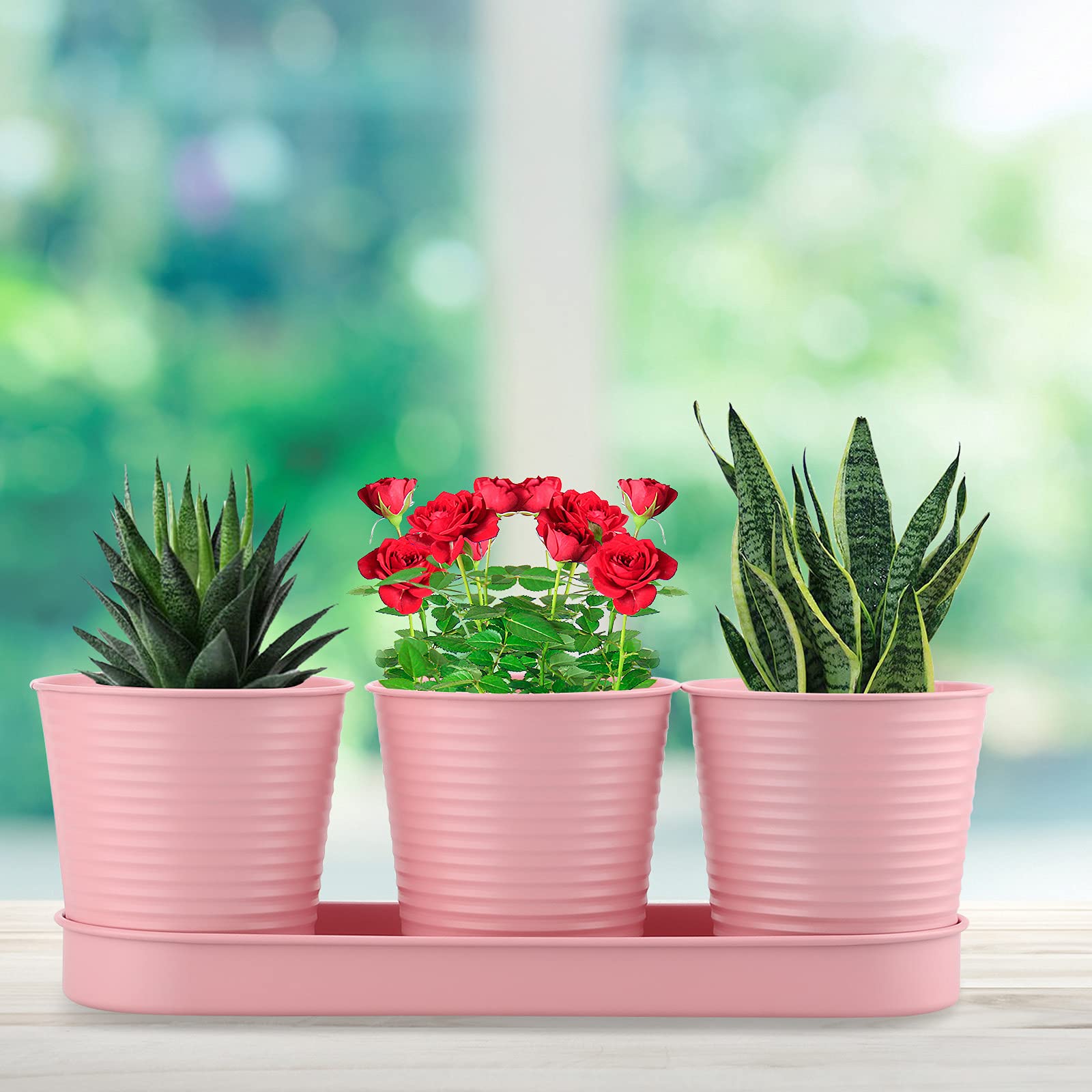 Hapeisy Galvanized Planter with Tray, 3Pcs Vintage Rustic Flower Vases Set Iron Bucket Plant Containers for Garden Home Outdoor Decor