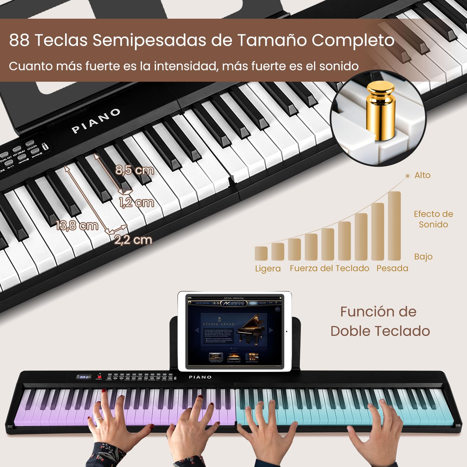 COSTWAY Piano Digital de 88 Teclas, Teclado Piano Eléctrico Plegable, Piano Digital Portátil Semipesado con MIDI, Atril, 1000 Ritmos, 1000 Timbres y Bolsa de Transporte para Niños, Adultos (Negro)