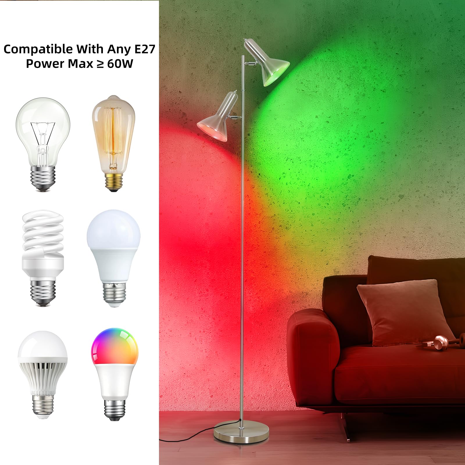 Lampa de Pie de Salotto DIYA-Nichel, 2x E27 MAX. 60W Floor lamp, Lampada da Terra Vintage altezza 272CM, Lampada da Terra Retrò in Metallo per Camera da Letto, Studio, Ufficio, Pianta