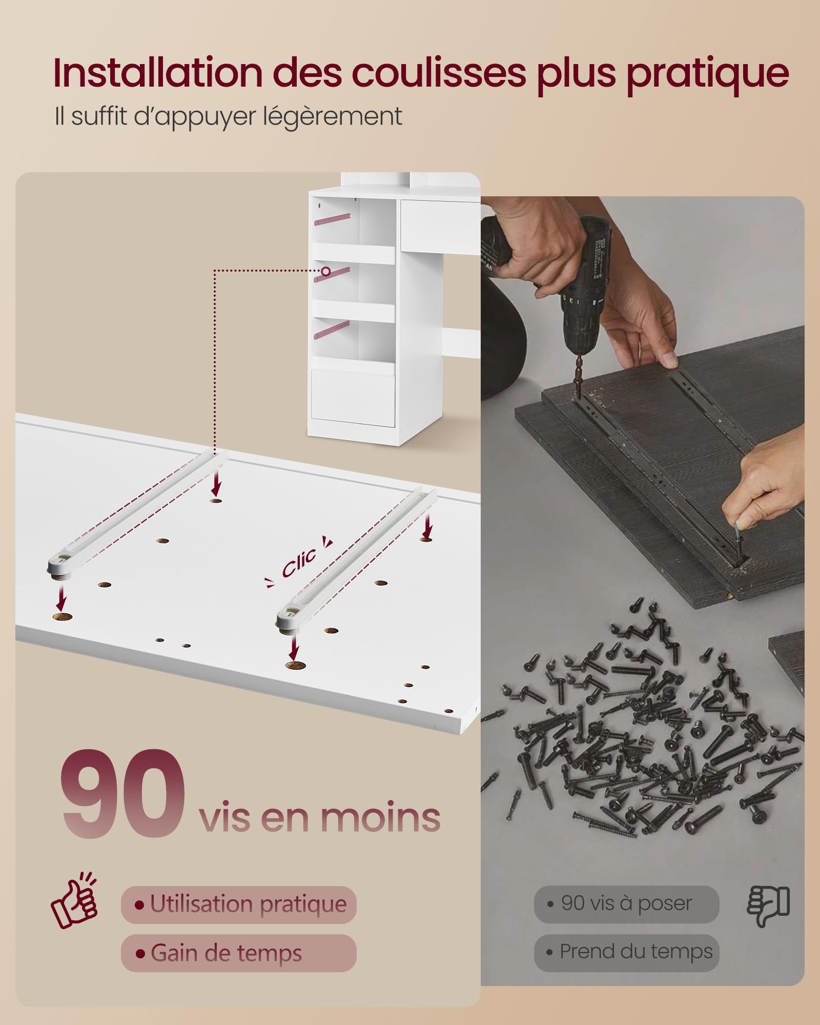 VASAGLE Coiffeuse avec Miroir et LED, 10 Tiroirs, Station de Charge