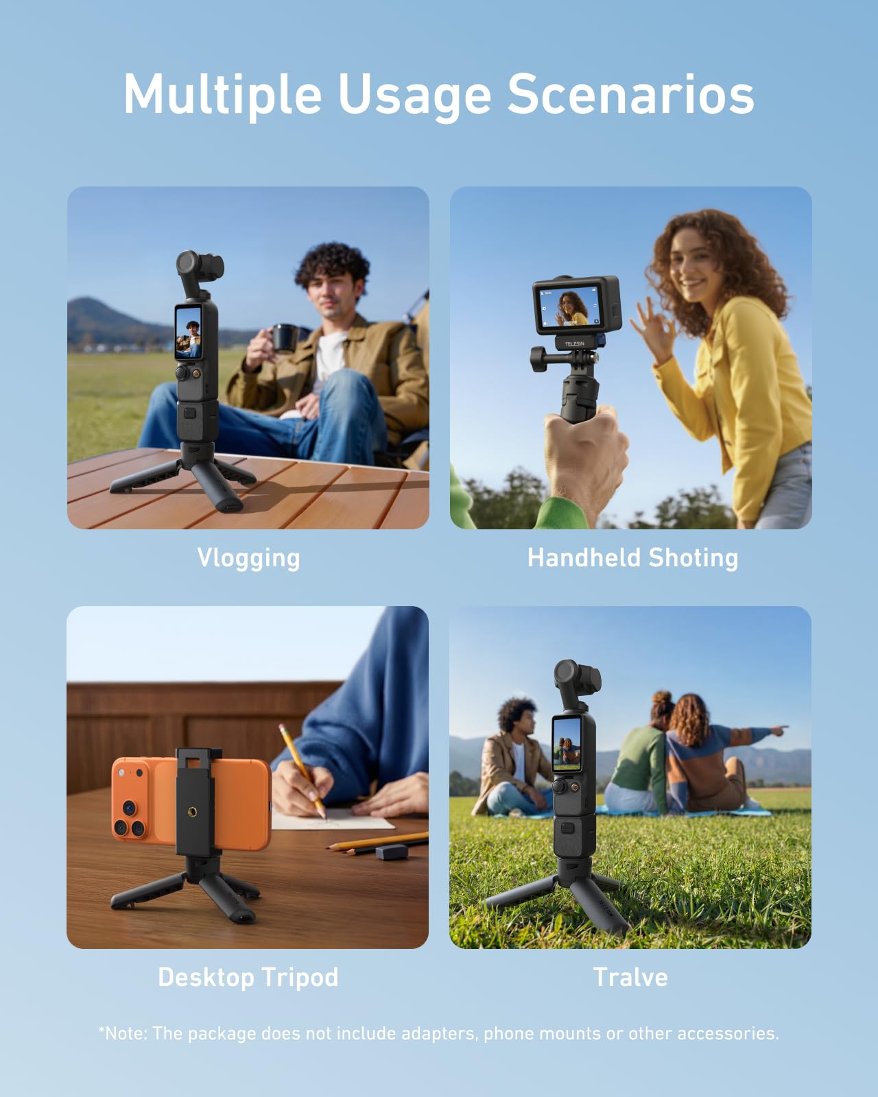 TELESIN Mini Tripod for DJI Osmo Pocket 4/3 Camera & Phone, One-Key Quick Open 1/4" Screw Vlogging Small Desktop Tripod Handle Grip 2-in-1, For Pocket 4/3 & Action 6/5 pro/Go Pro/Insta360 X5 Camera — view 9