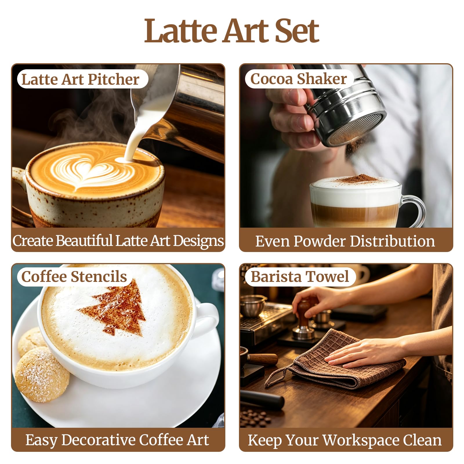 Espresso Zubehör 12er Set, 51mm Kaffee Tamper mit Dosierring,Kaffee-Distributor, WDT Tool, Aufbewahrungsstation, Milchkännchen und Kaffeeschablonen, Komplettes Barista Starter Set für Siebträger