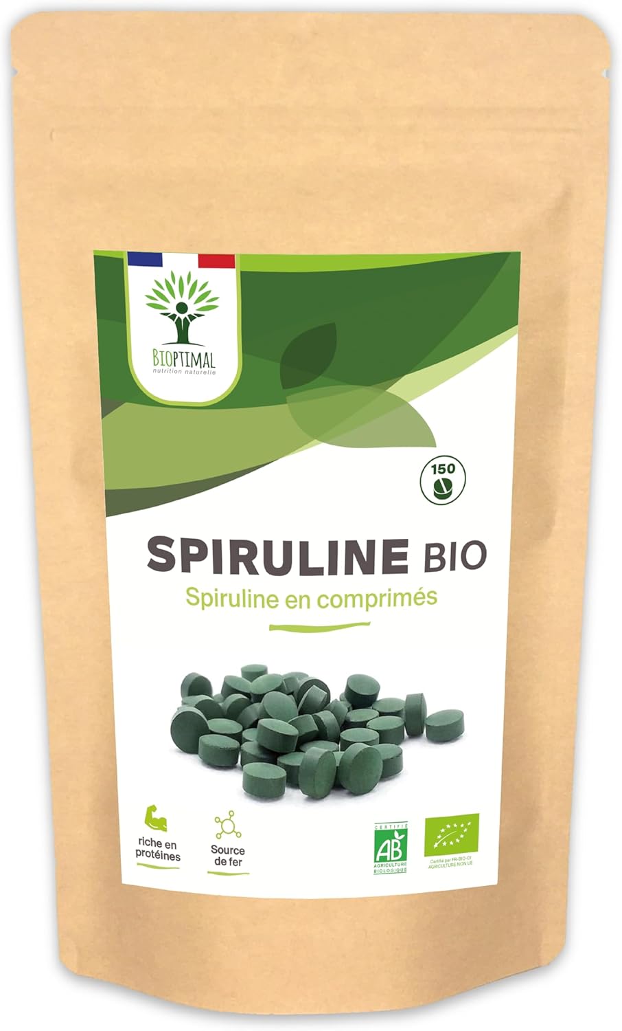 Organic Spirulina – Bioptimal – Food Supplement – BCAA Iron Vitamin A – 65% Protein – 17% Phycocyanin – 500 mg/tablet – Packaged in France – Ecocert Certification – 150 Tablets