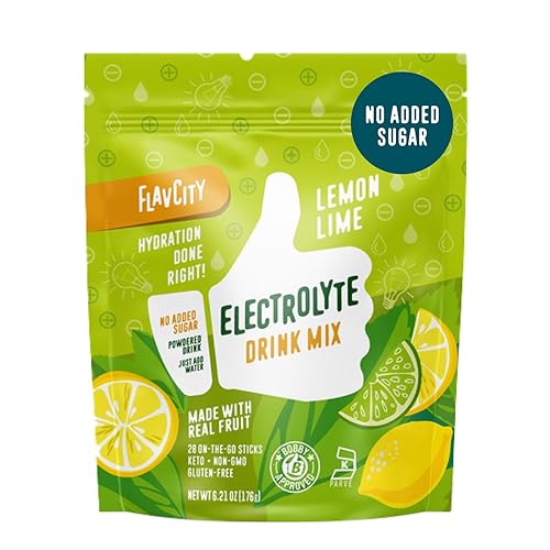 FlavCity Paquetes de electrolitos de limón y lima, 28 paquetes de hidratación, sin azúcar añadida, polvo de hidratación con fruta real y sal marina