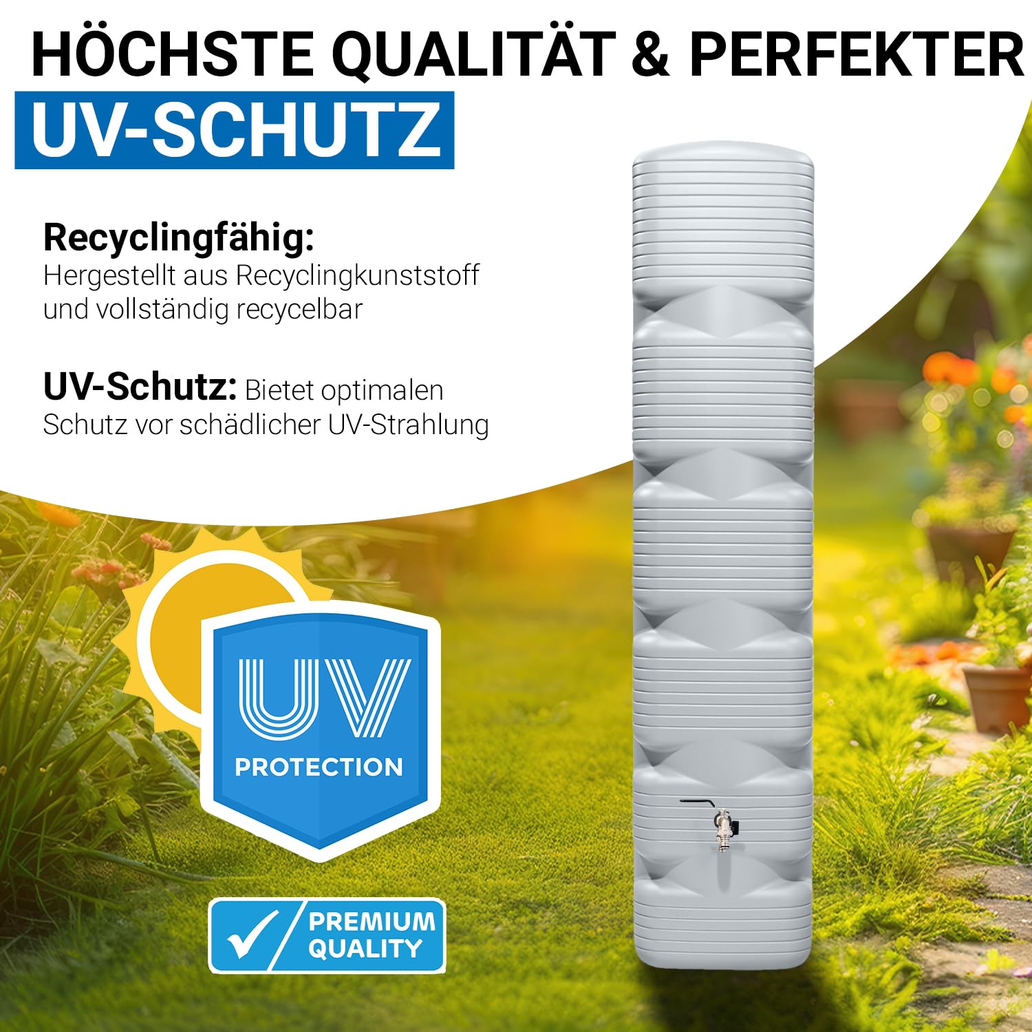 4rain Quadro Regentonne Wandtank Komplett-Set 270 Liter betongrau | inkl. Chrom-Doppelauslaufhahn und Fallrohranschluss, Regenwassernutzung, robustes Material, praktische Lösung