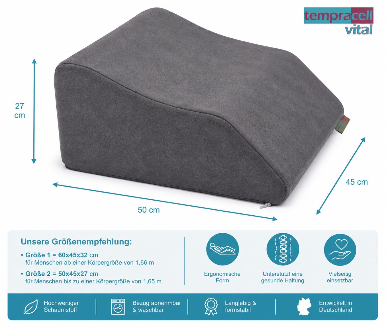 Venenkissen, Venenkeil, Beinhochlagerung – ergonomisch, orthopädisch unterstützende Wellenform, bei schweren Beinen - Beinkissen aus Schaumstoff, Größe: 50 x 45 x 27 cm, grau